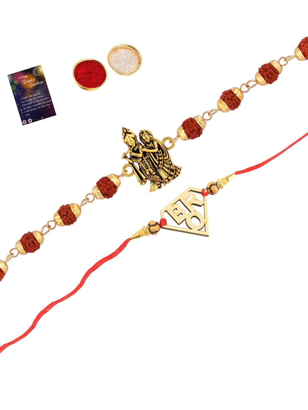 

Silver Shine Set Of 2 Rakhi With Roli Chawal & Greeting Card, Gold