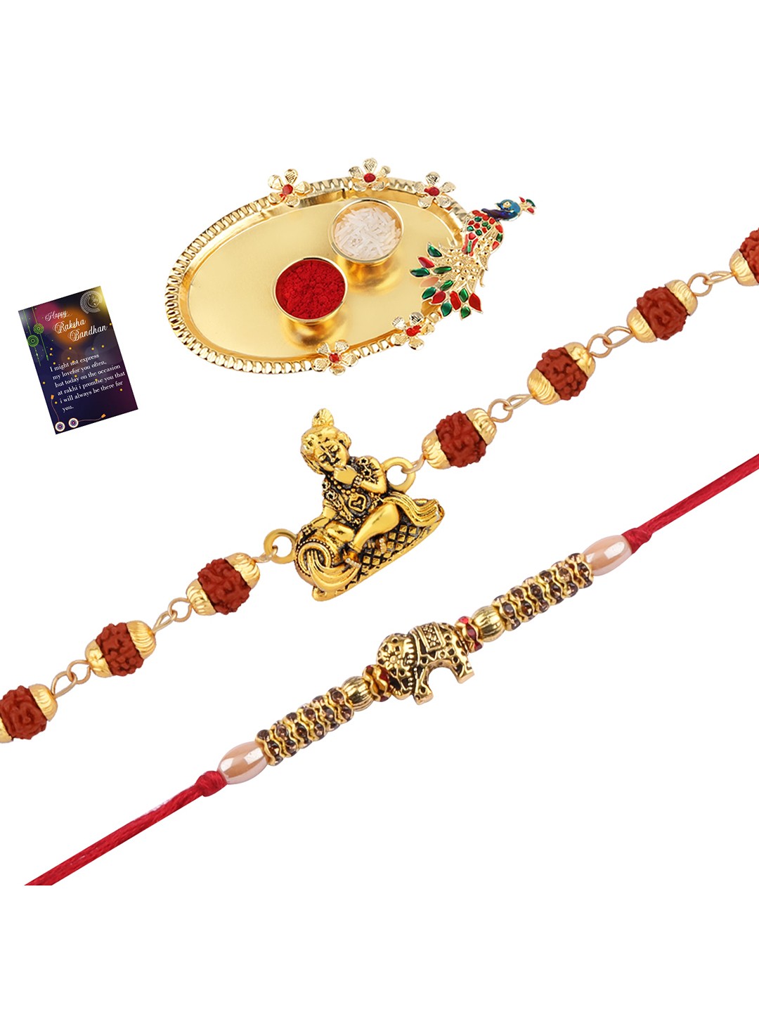 

Silver Shine Set Of 2 Rakhi With Pooja Thali Roli Chawal Greeting Card, Multi
