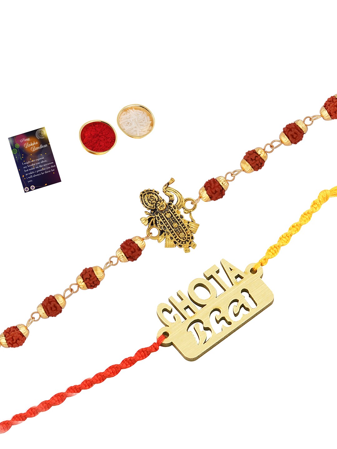 

Silver Shine Set Of 2 Rakhi with Roli Chawal Greeting Card, Multi