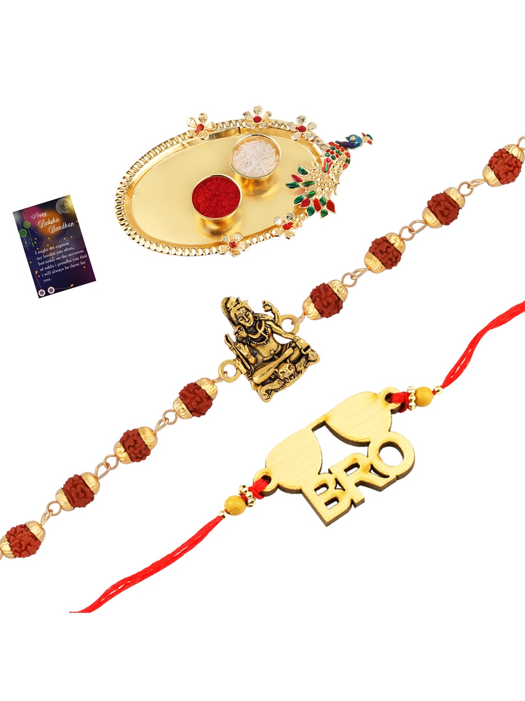 

Silver Shine Set of 2 Rakhi With Pooja Thali Roli Chawal Greeting Card, Gold