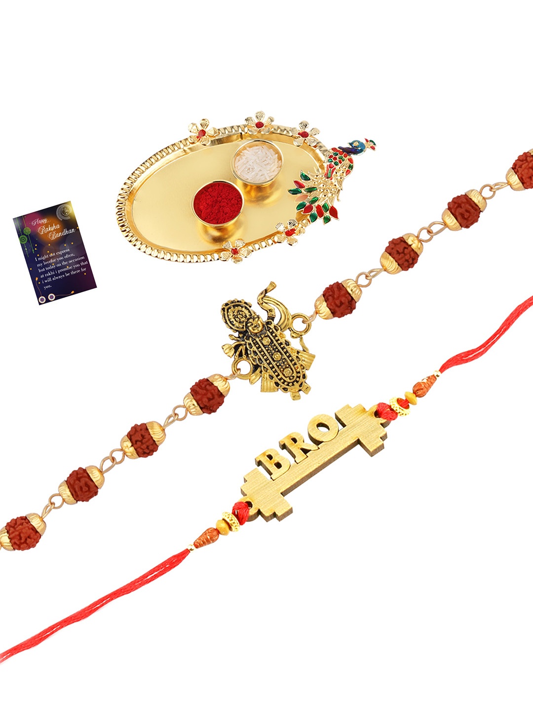 

Silver Shine Set Of 2 Rakhi With Pooja Thali Roli Chawal Greeting Card, Gold