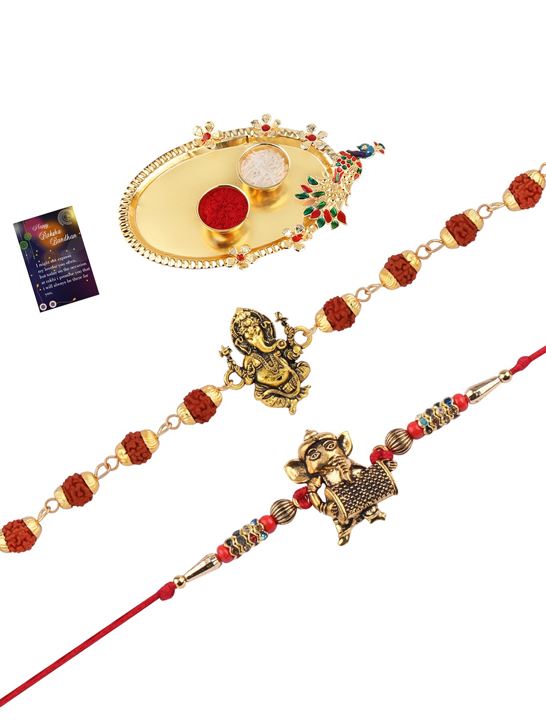 

Silver Shine Men Set of 2 Rakhi With Pooja Thali Roli Chawal Greeting Card, Multi