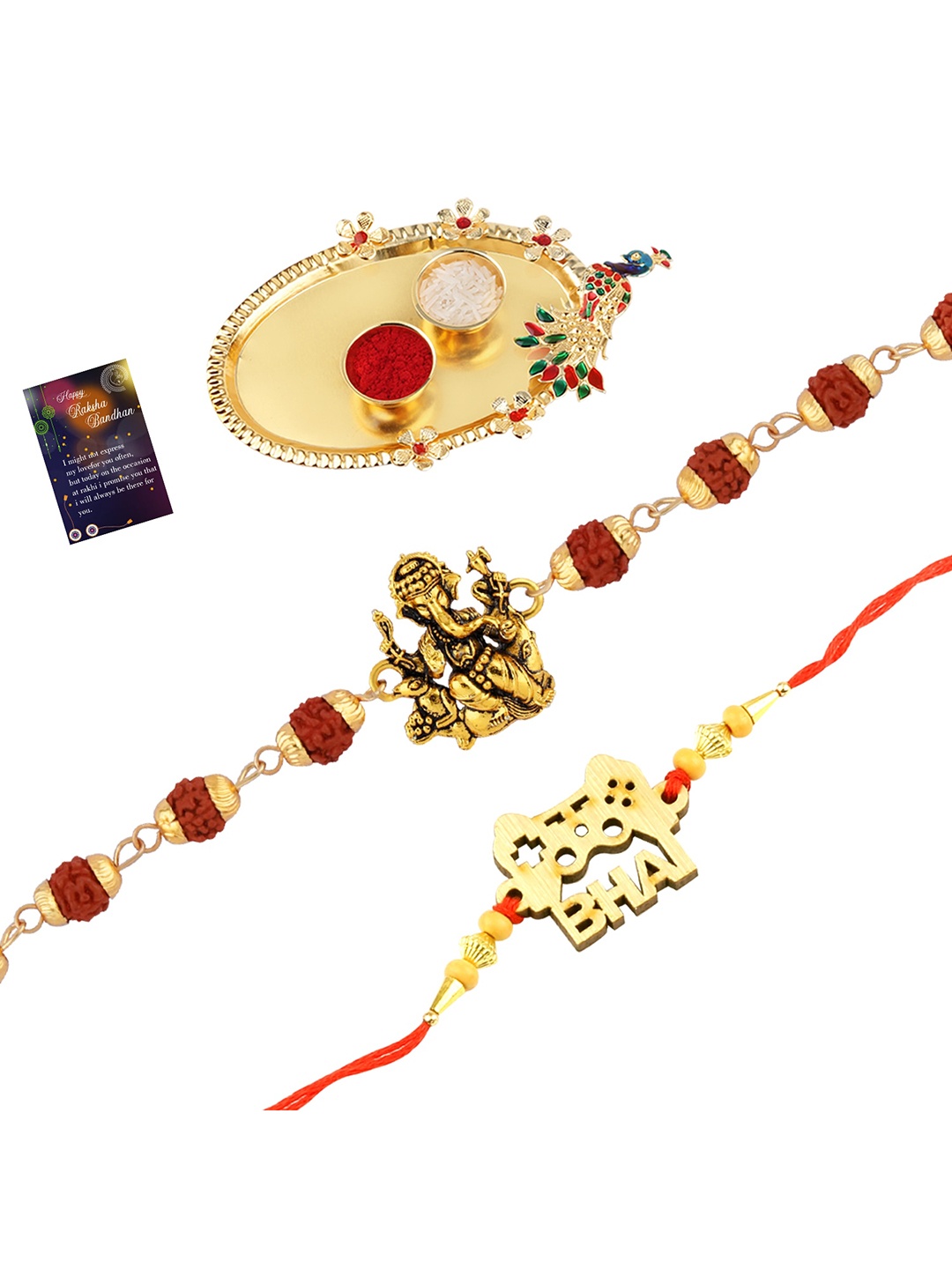 

Silver Shine Men Set Of 2 Rakhi With Roli Chawal And Greeting Card, Gold