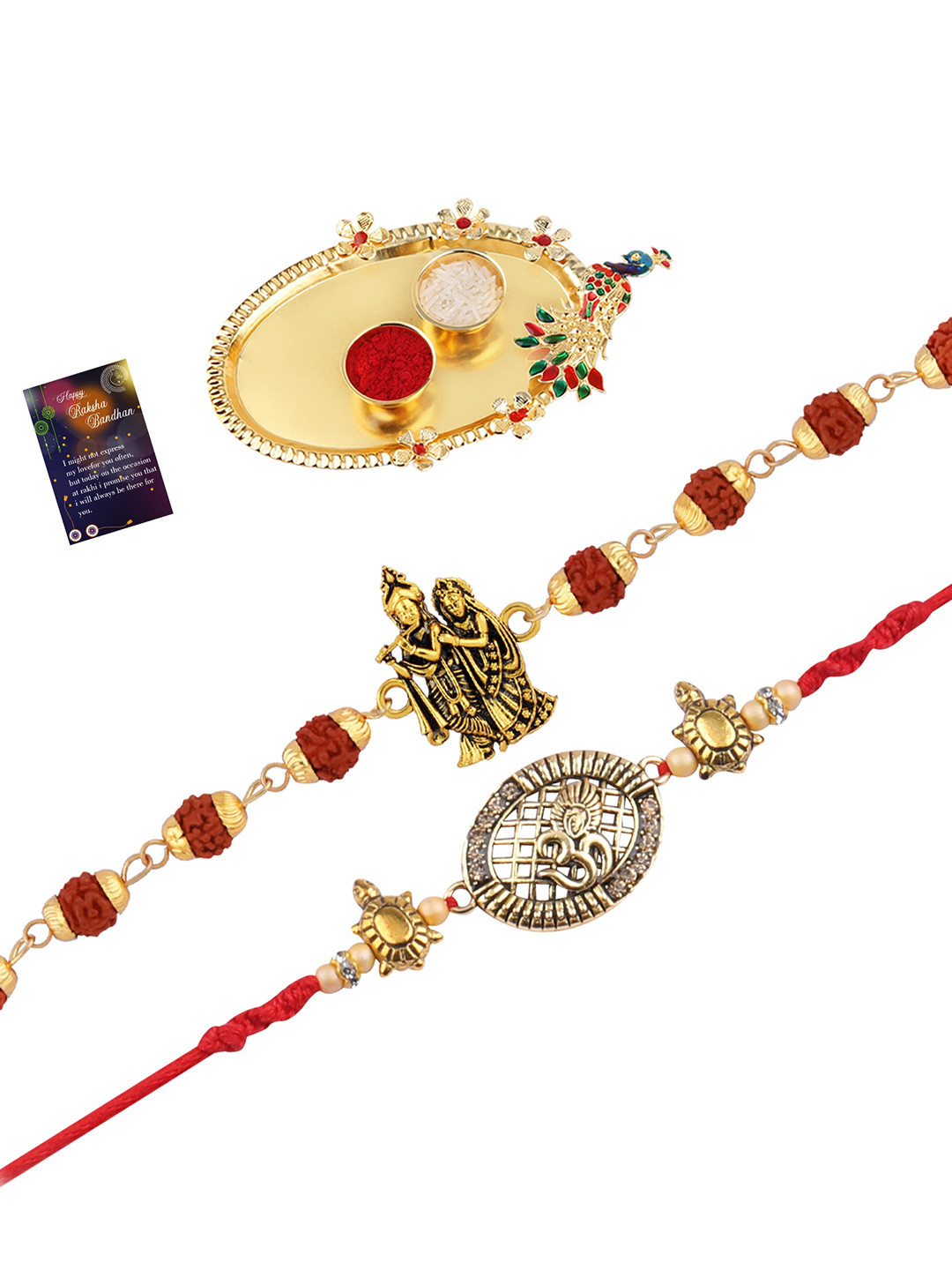 

Silver Shine Men Set Of 2 Rakhi With Pooja Thali Roli Chawal and Greeting Card, Multi