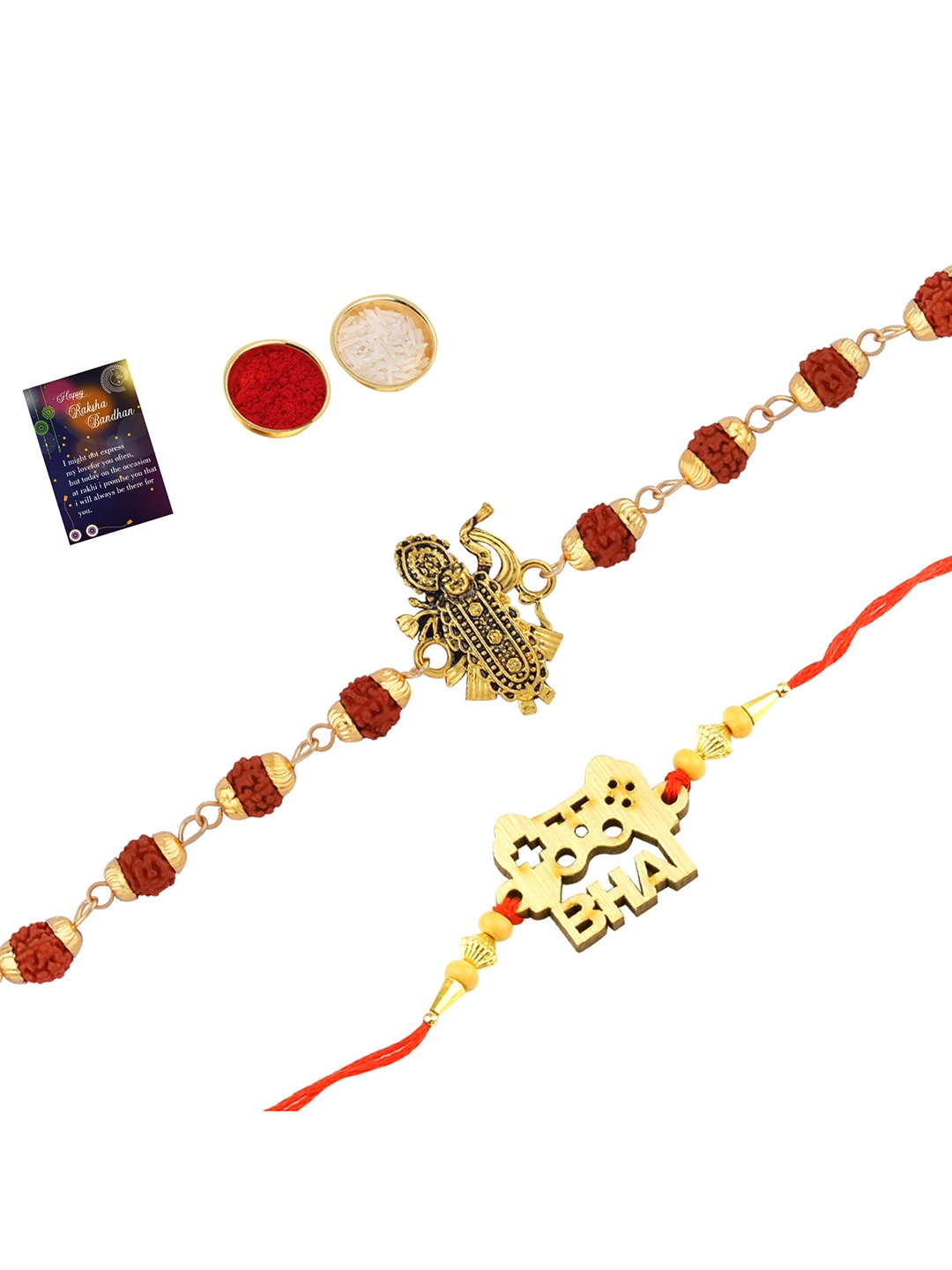 

Silver Shine Men Set Of 2 Rakhi With Roli Chawal And Greeting Card, Red