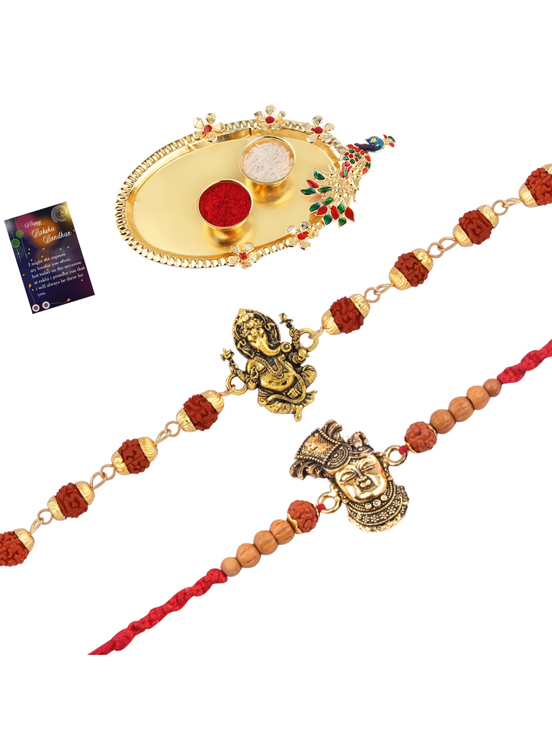 

Silver Shine Men Set Of 2 Rakhi With Pooja Thali Roli Chawal and Greeting Card, Gold
