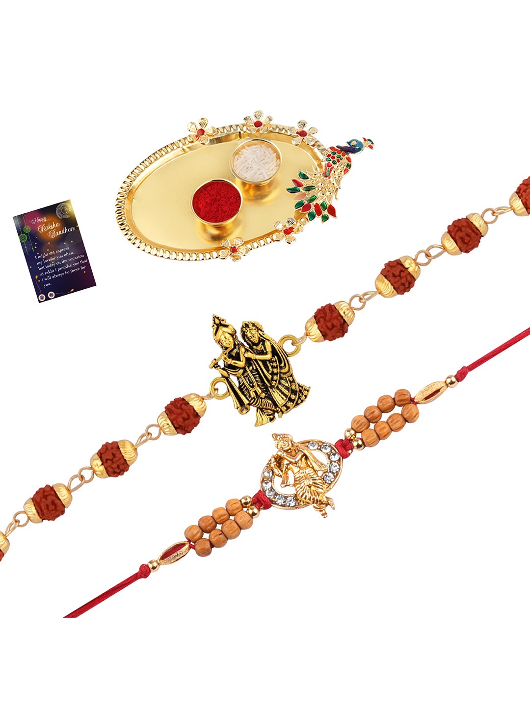 

Silver Shine Men Set Of 2 Rakhi With Pooja Thali Roli Chawal and Greeting Card, Red