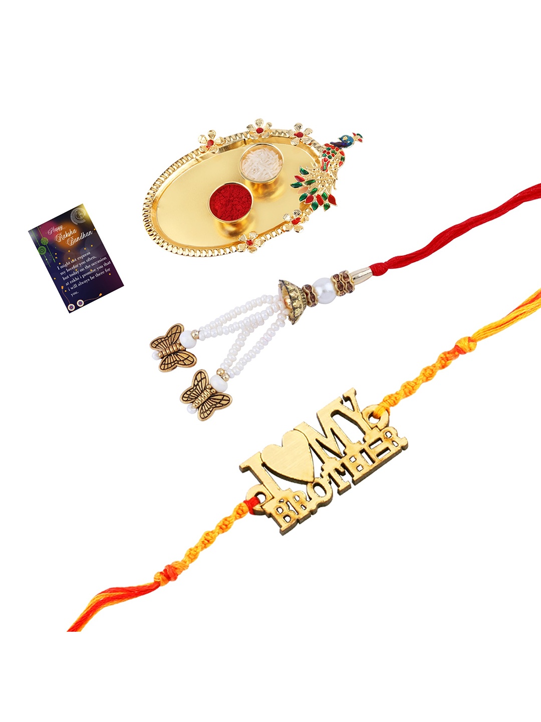 

Silver Shine Unisex Set Of 2 Rakhi With Pooja Thali Roli Chawal and Greeting Card, Multi