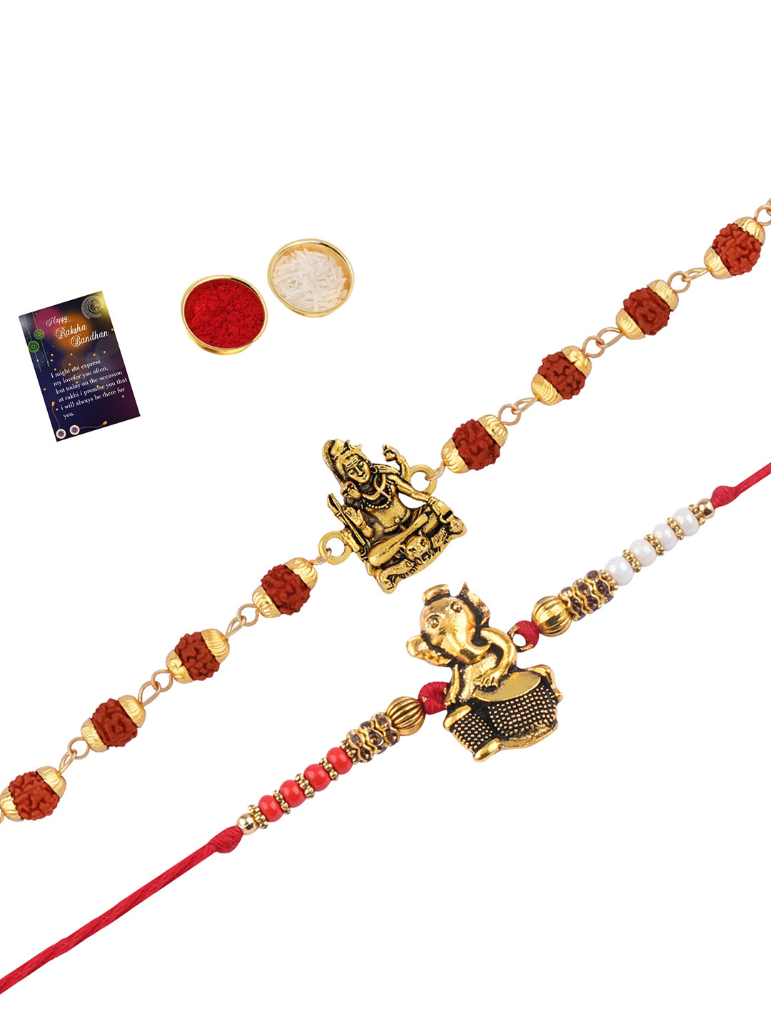 

Silver Shine Men Set Of 2 Rakhi With Roli Chawal And Greeting Card, Gold