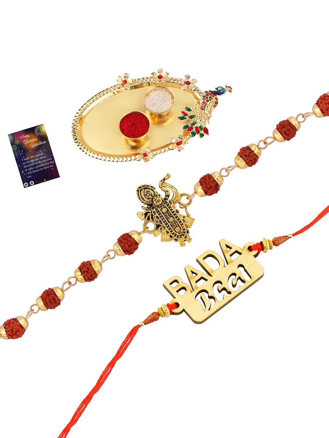 

Silver Shine 2 Rakhi With Pooja Thali Roli Chawal Greeting Card, Multi