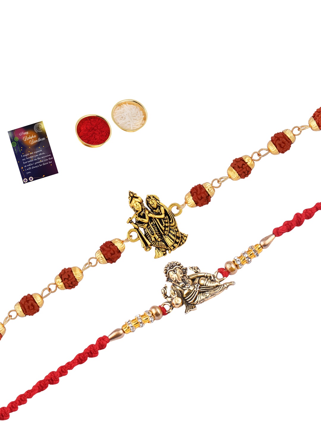 

Silver Shine Men Set Of 2 Rakhi With Roli Chawal And Greeting Card, Gold