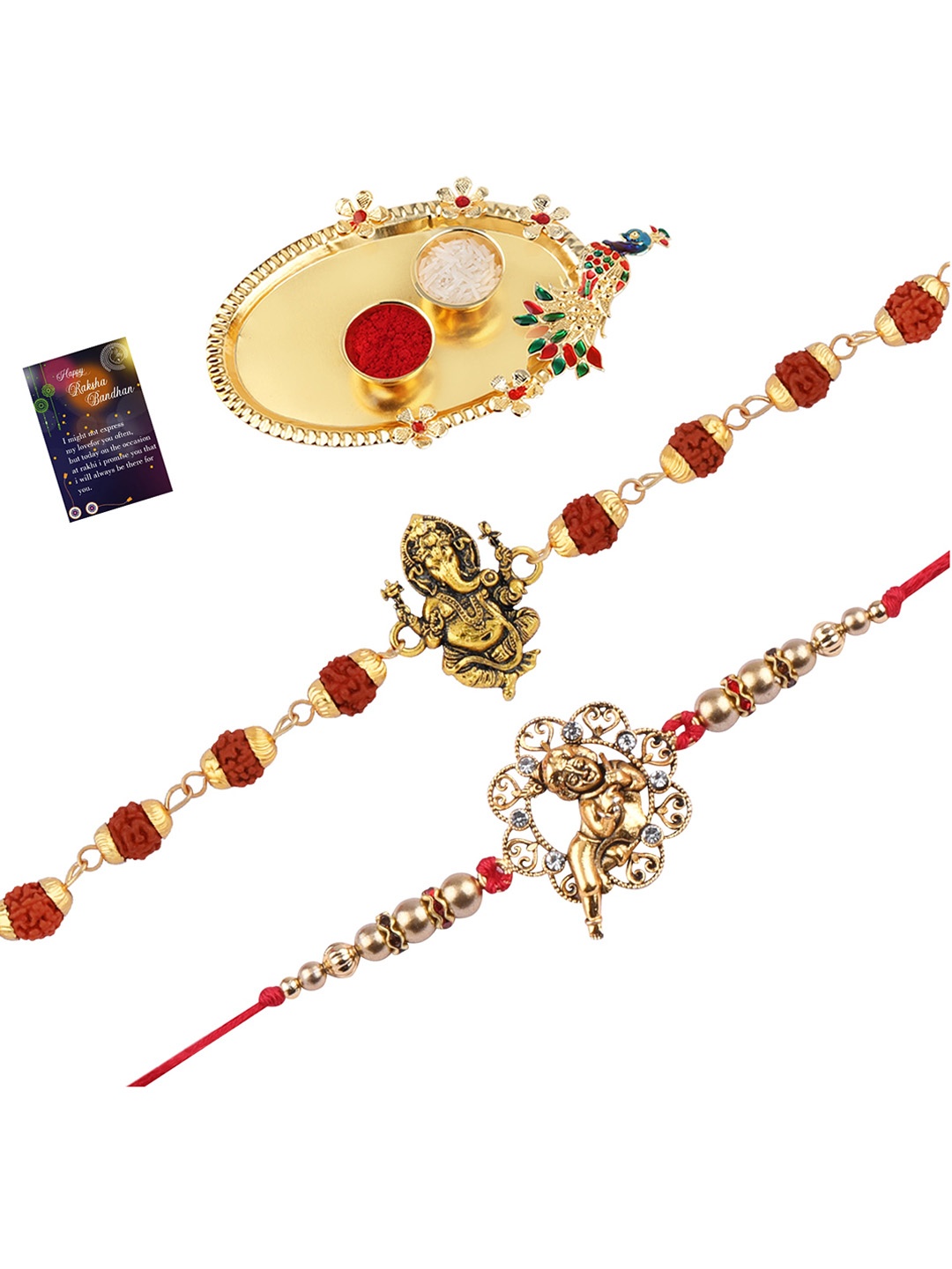

Silver Shine Men Set Of 2 Rakhi With Pooja Thali Roli Chawal and Greeting Card, Red