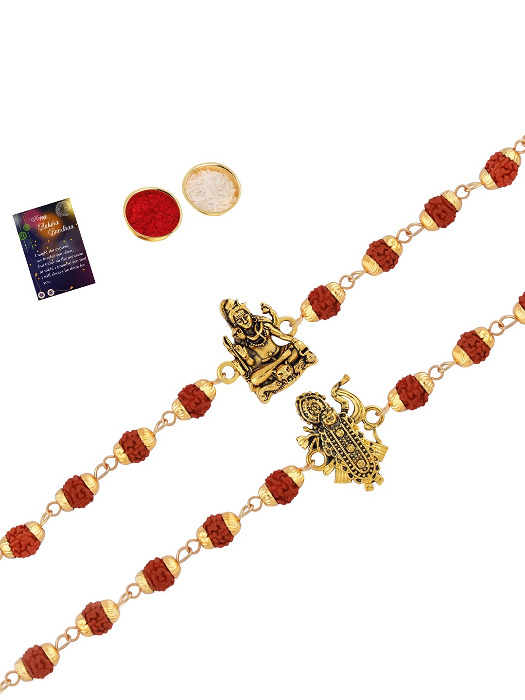 

Silver Shine Set Of 2 Rakhi With Roli Chawal And Greeting Card, Gold