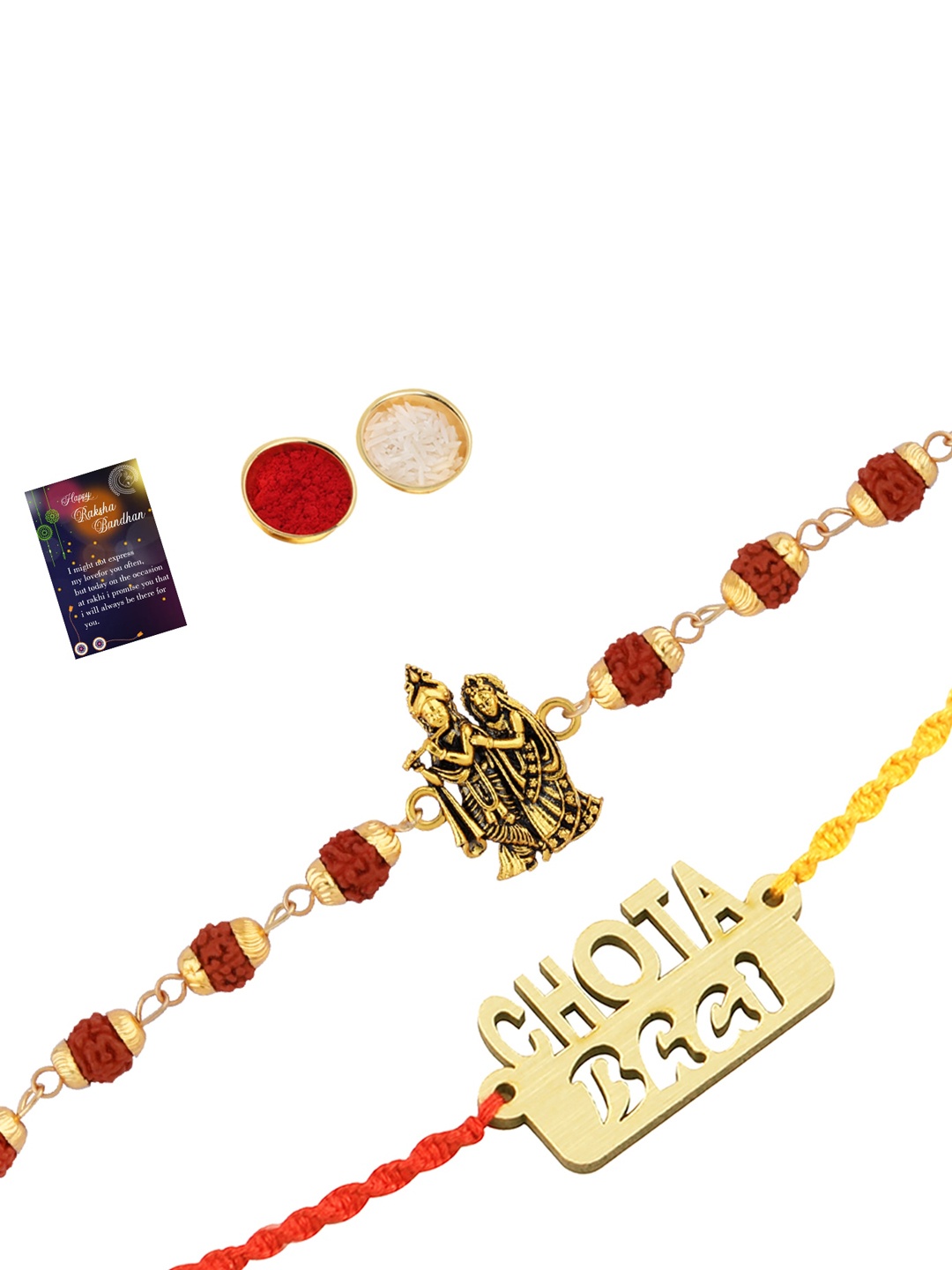 

Silver Shine Set Of 2 Rakhi With Roli Chawal Greeting Card, Gold