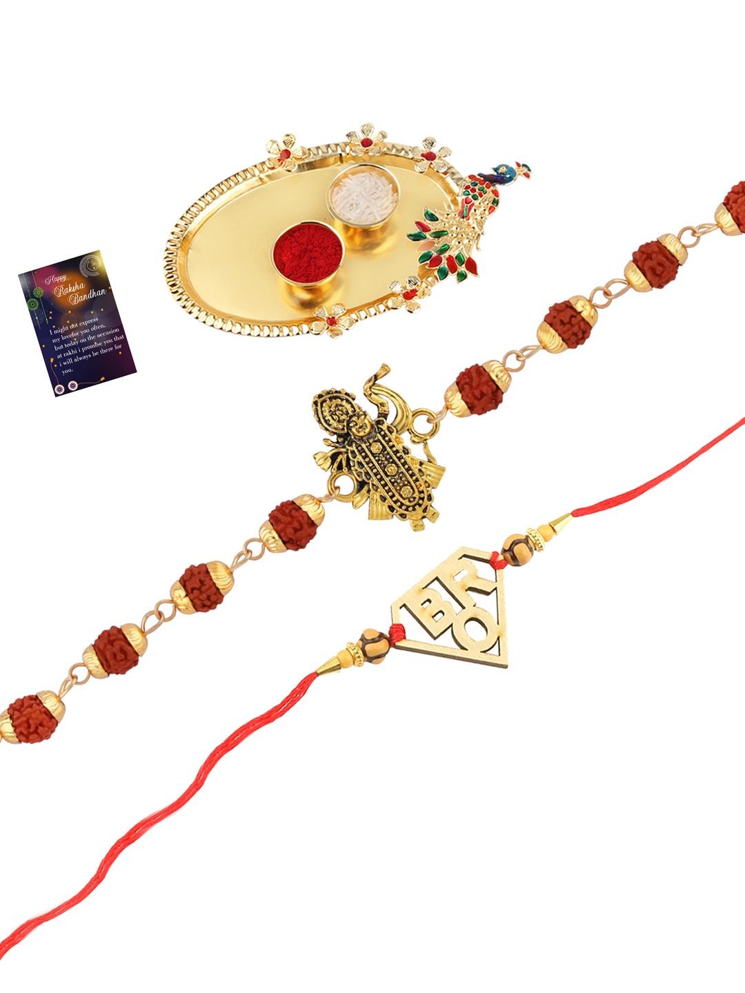 

Silver Shine 2 Rakhi With Pooja Thali Roli Chawal and Greeting Card, Gold