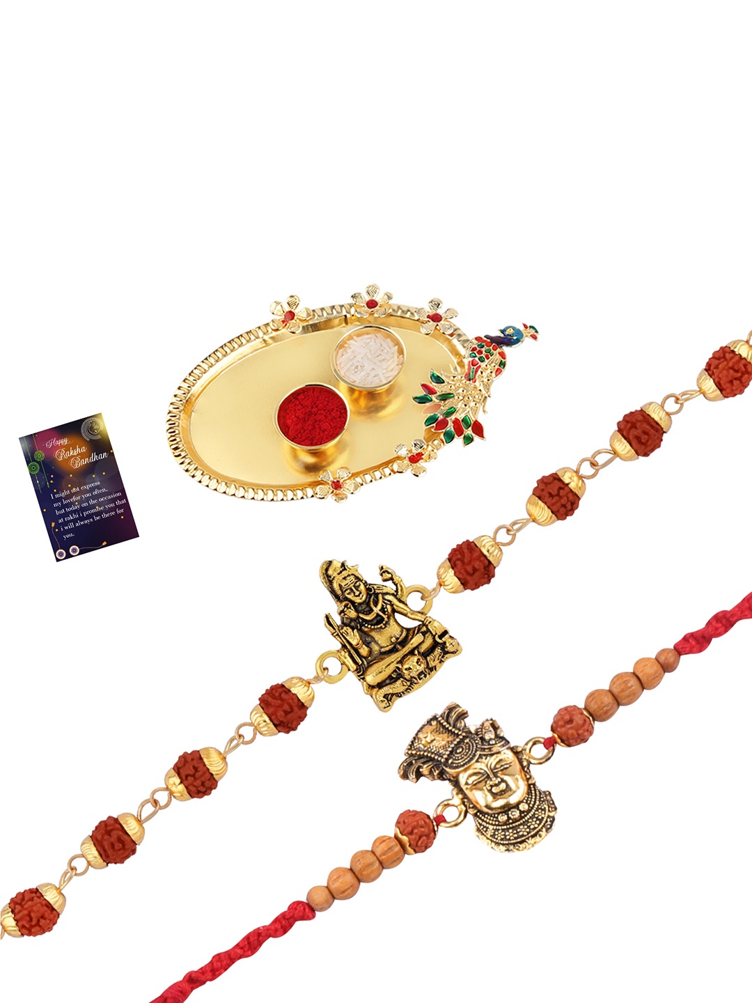 

Silver Shine Set Of 2 Rakhi With Pooja Thali Roli Chawal And Greeting Card, Gold