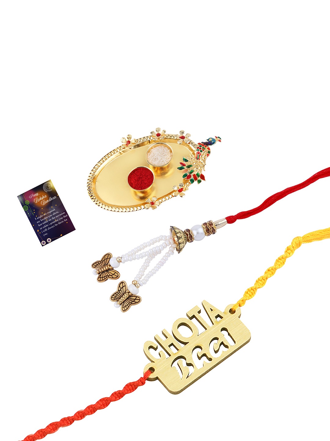 

Silver Shine Set Of 2 Bhaiya Bhabhi Rakhi With Pooja Thali Roli Chawal Card, Red