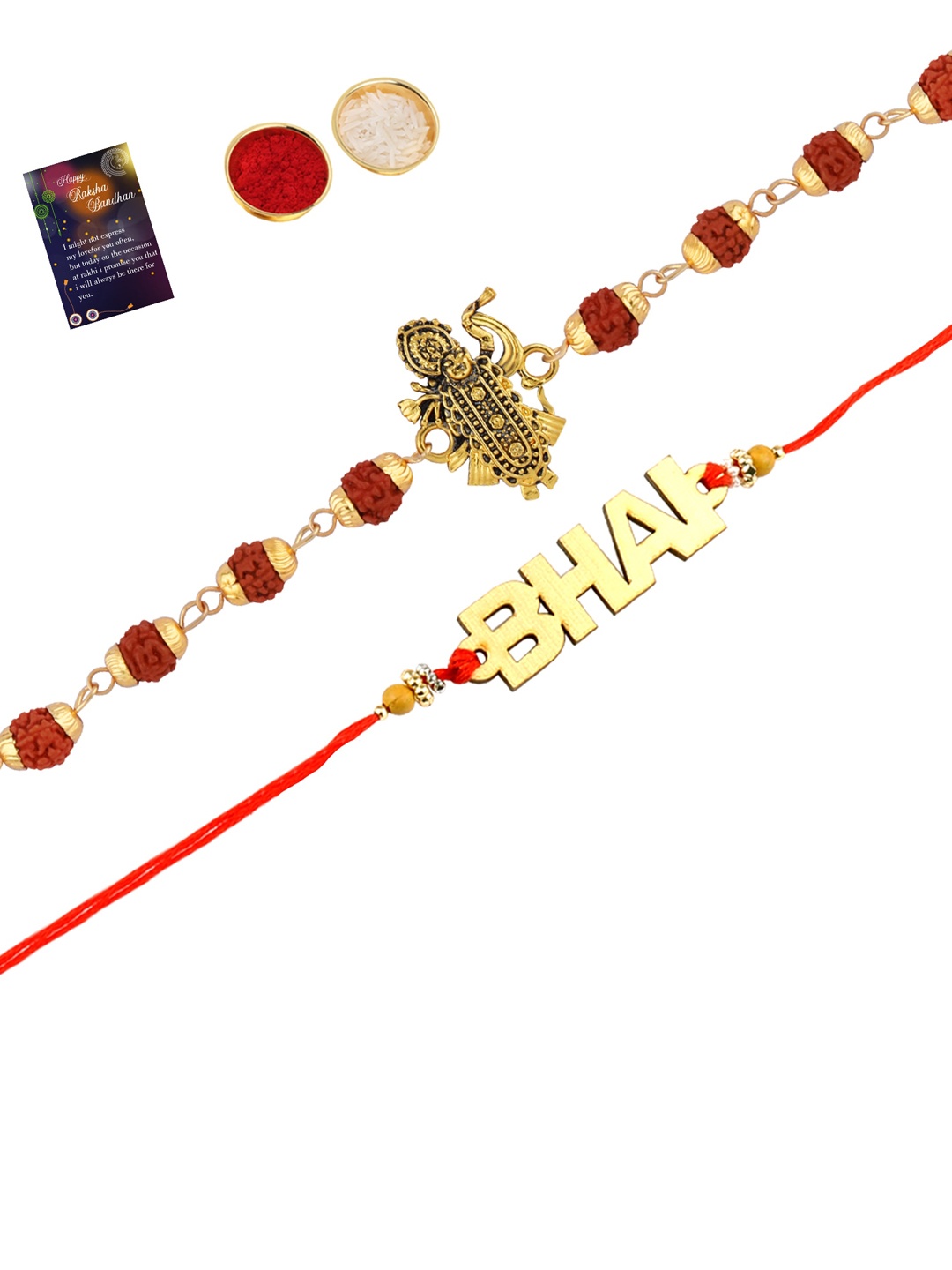 

Silver Shine Set Of 2 Rakhi with Roli Chawal Greeting Card, Gold