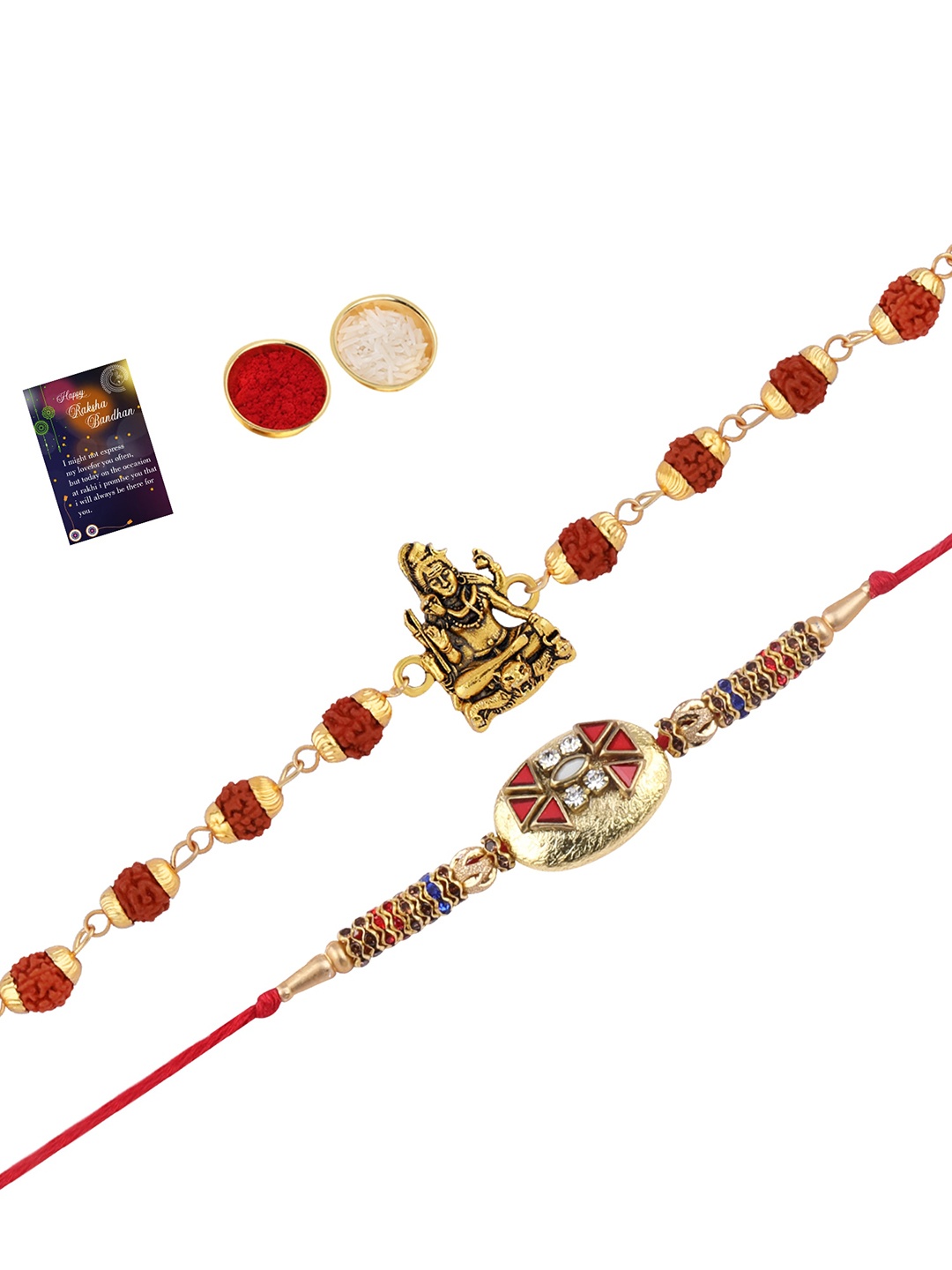 

Silver Shine Set Of 2 Rakhi With Roli Chawal & Greeting Card, Red