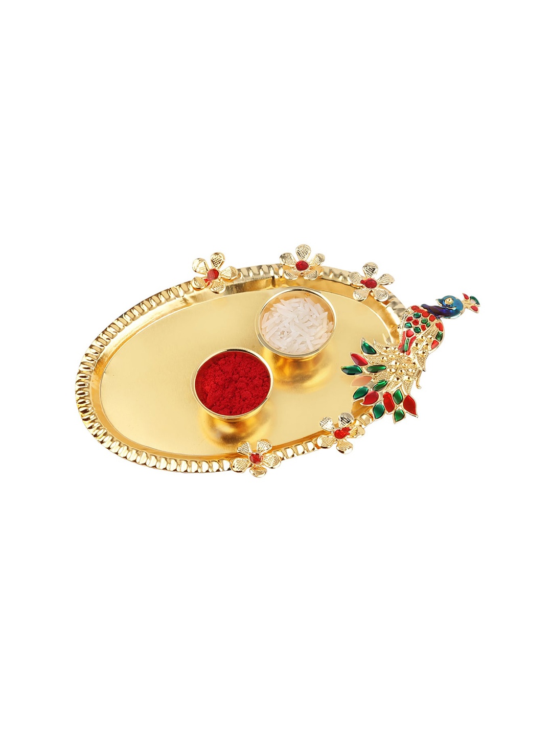 

Silver Shine Set Of 2 Rakhi With Pooja Thali Roli Chawal And Greeting Card, Red