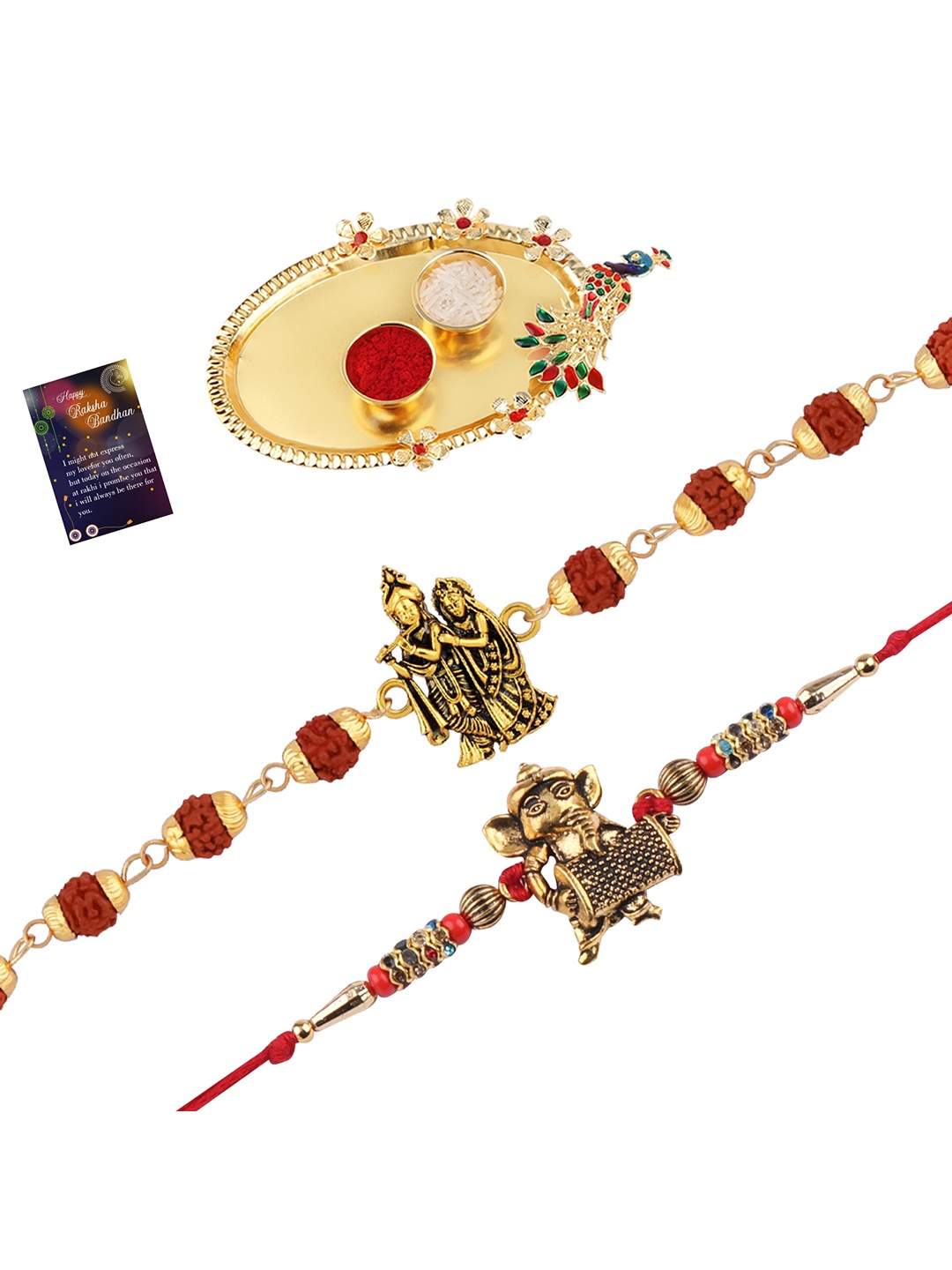 

Silver Shine Set of 2 Rakhi With Pooja Thali Roli Chawal And Greeting Card, Gold