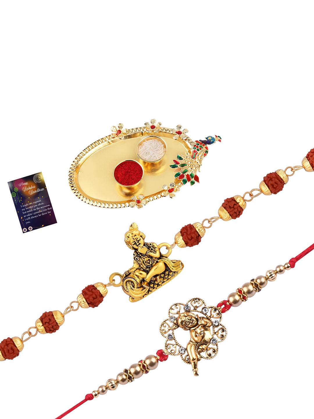 

Silver Shine Set Of 2 Rakhi With Pooja Thali Roli Chawal And Greeting Card, Gold