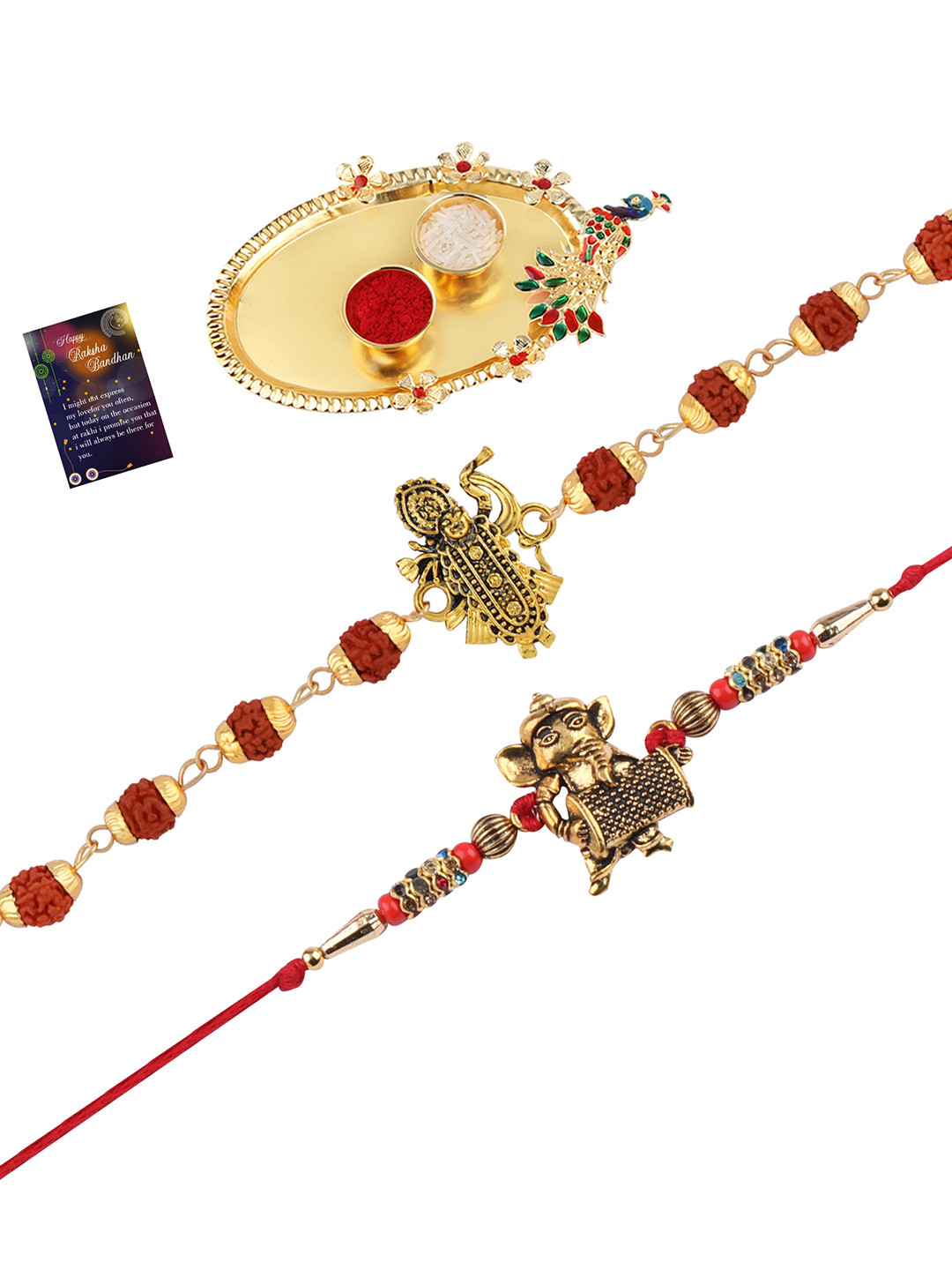 

Silver Shine Set Of 2 Rakhi With Pooja Thali Roli Chawal And Greeting Card, Red