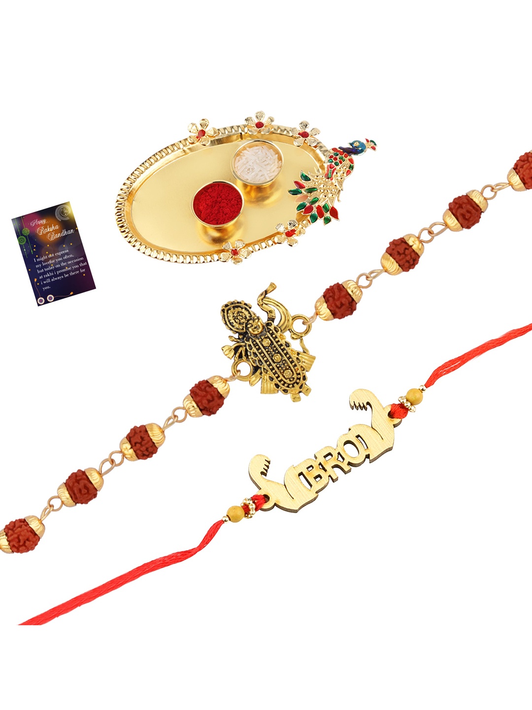 

Silver Shine Set Of 2 Rakhi With Pooja Thali Roli Chawal And Greeting Card, Gold