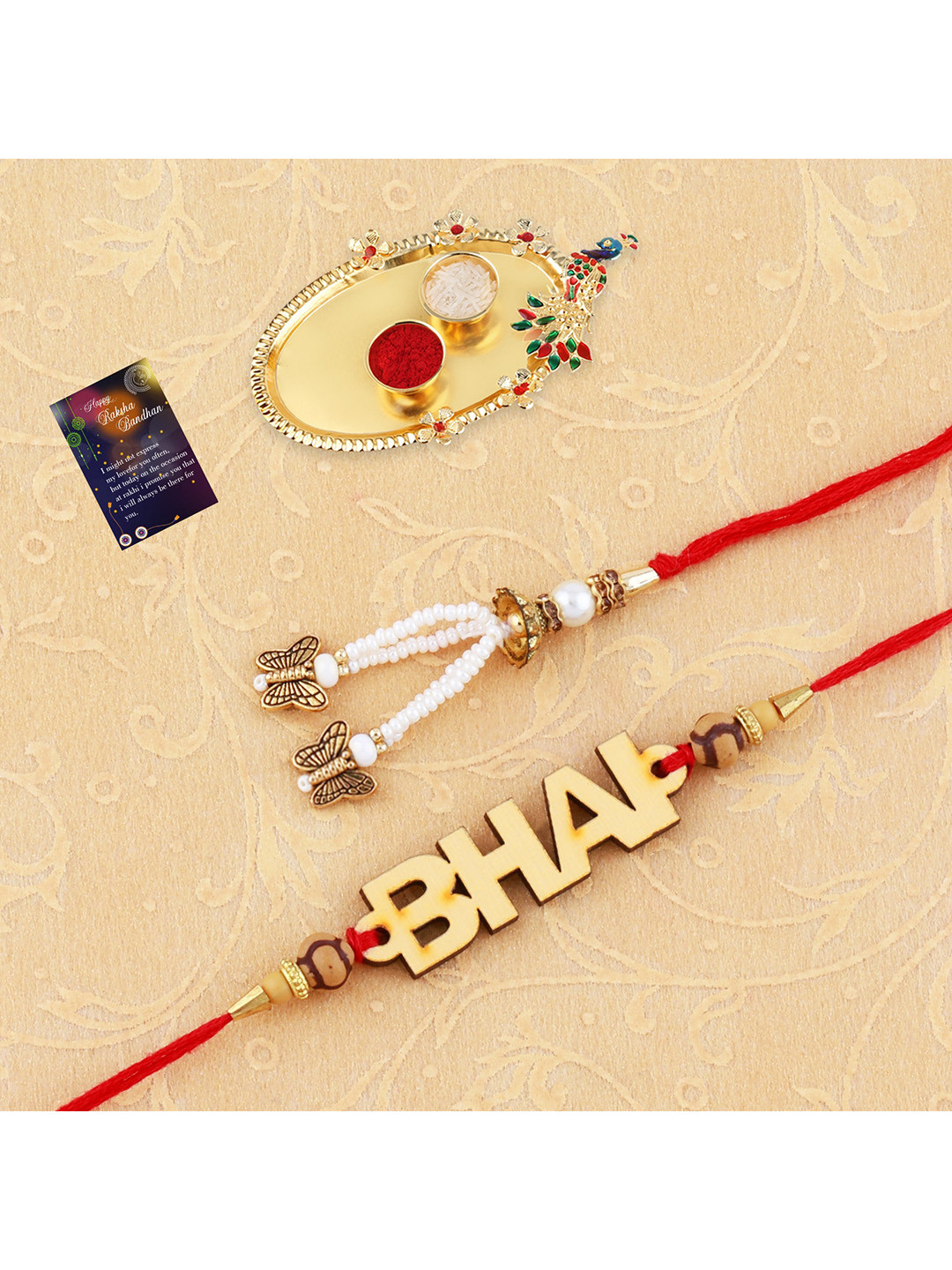 

Silver Shine Set Of 2 Bhaiya Bhabhi Rakhi With Pooja Thali Roli Chawal Card, Gold