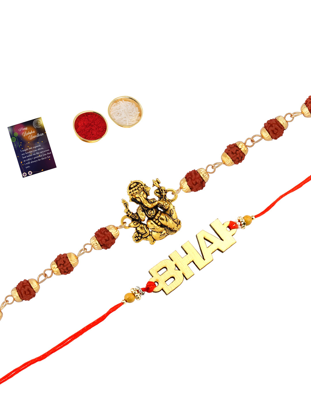 

Silver Shine Set Of 2 Beaded Rakhi With Roli Chawal And Greeting Card, Red
