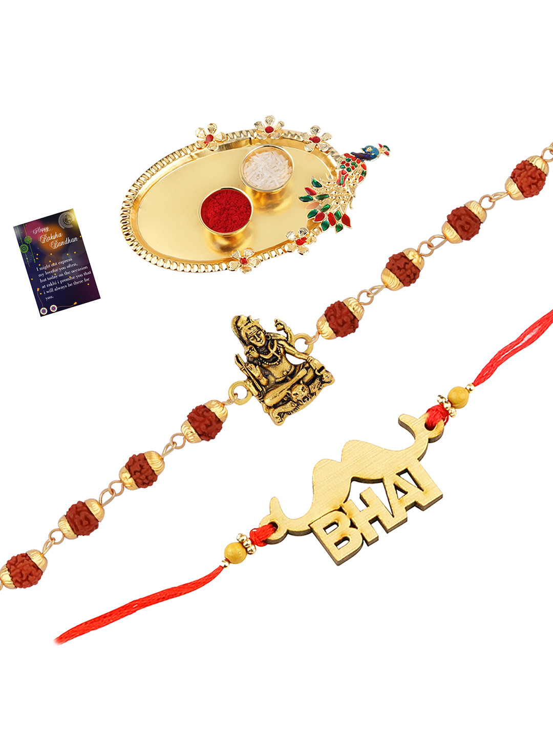 

Silver Shine 2 Rakhi With Pooja Thali Roli Chawal And greeting Card, Gold