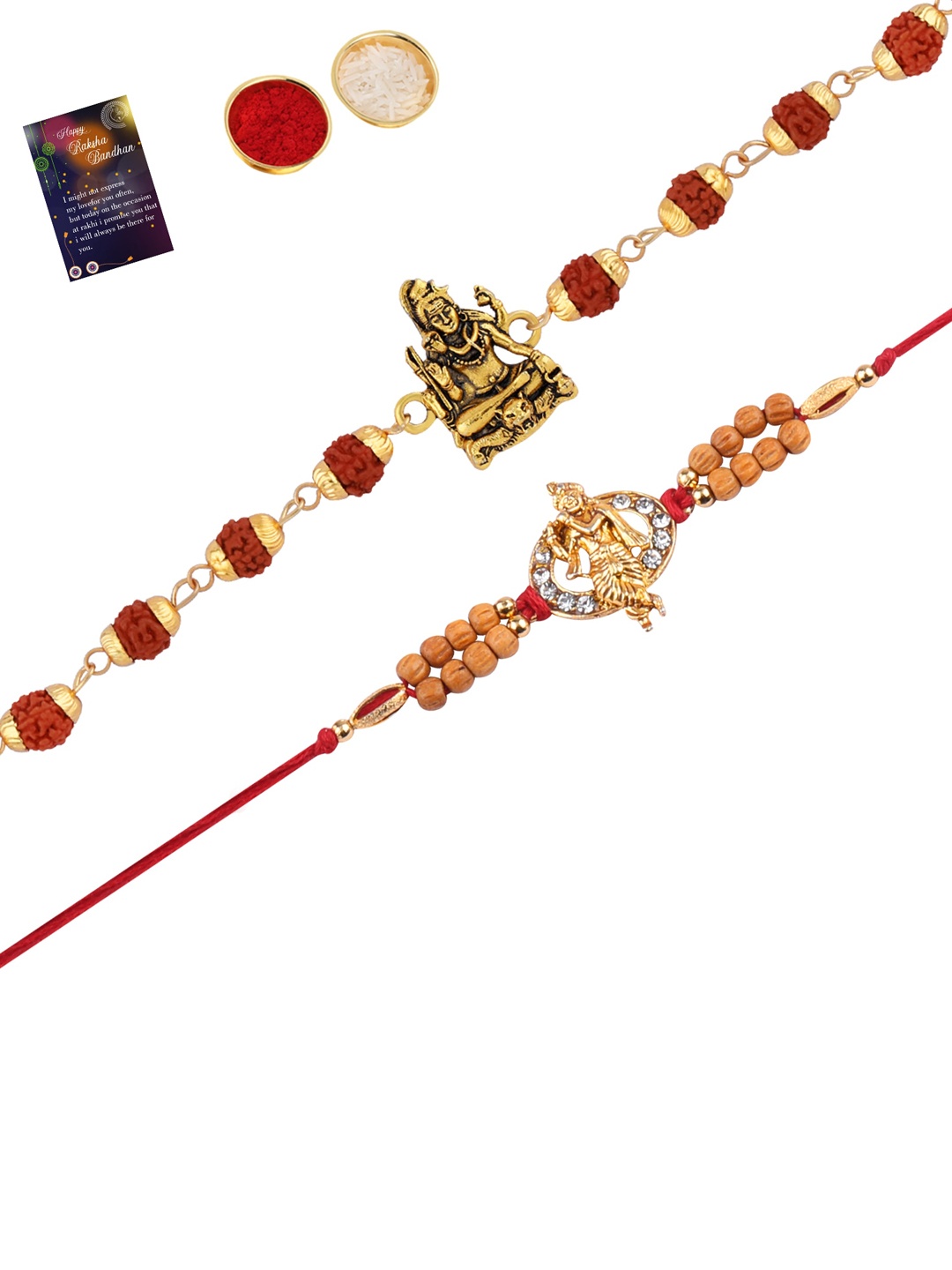 

Silver Shine Men Set Of 2 Stone Studded & Beaded Thread Rakhis, Gold