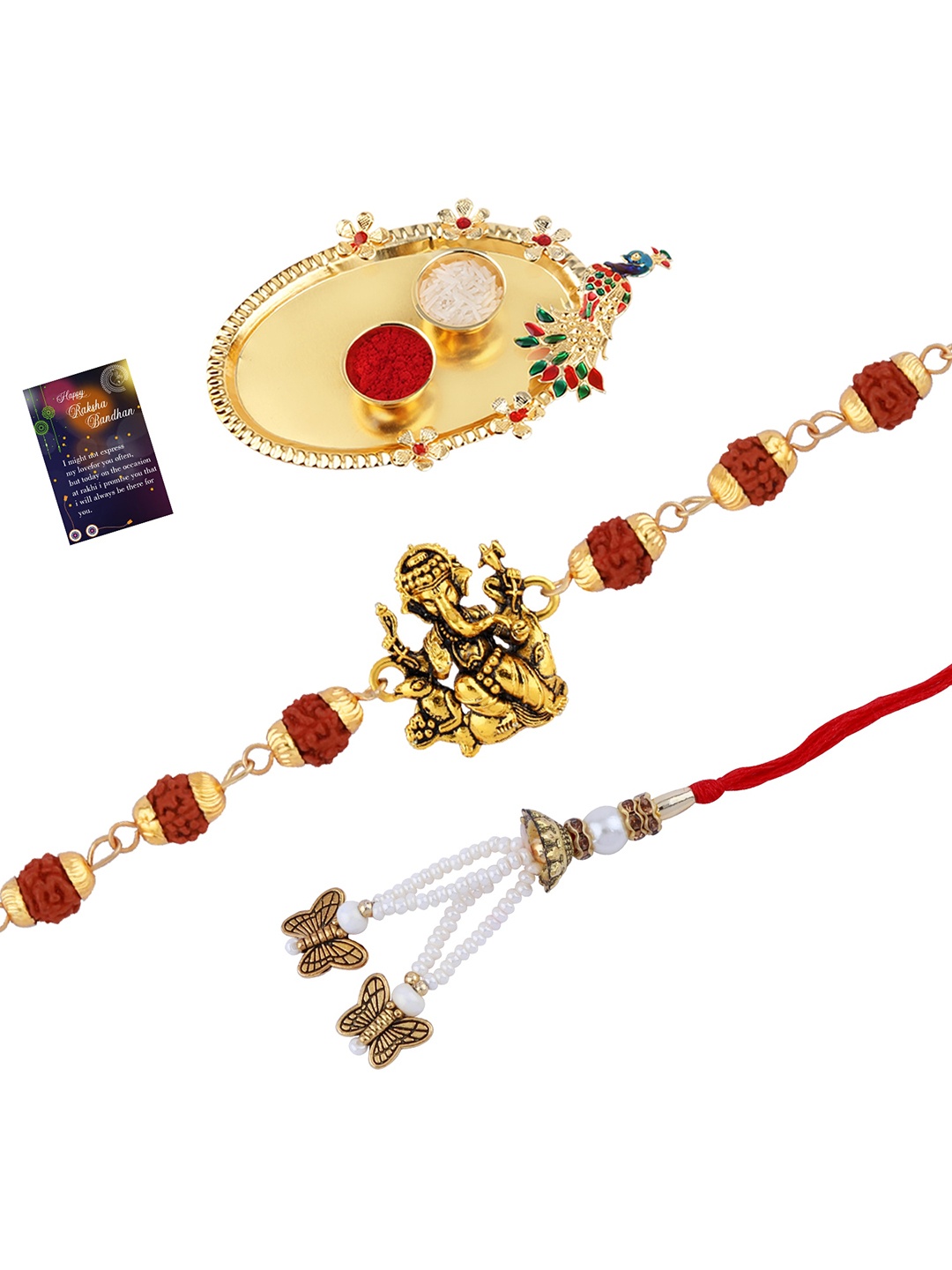 

Silver Shine Unisex Set Of 2 Stone Studded & Beaded Thread Rakhis, Gold
