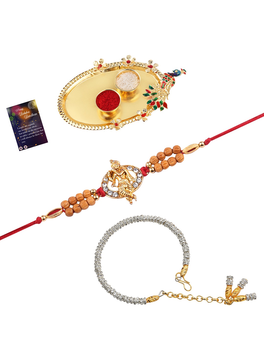 

Silver Shine Unisex Set Of 2 Stone Studded & Beaded Thread Rakhis, Gold