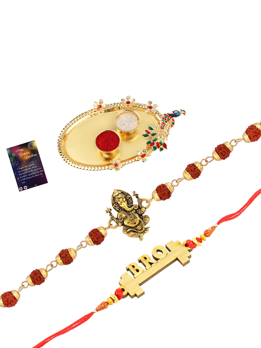 

Silver Shine Men Set Of 2 Beaded Thread Rakhis With Roli Chawal & Greeting Card, Gold