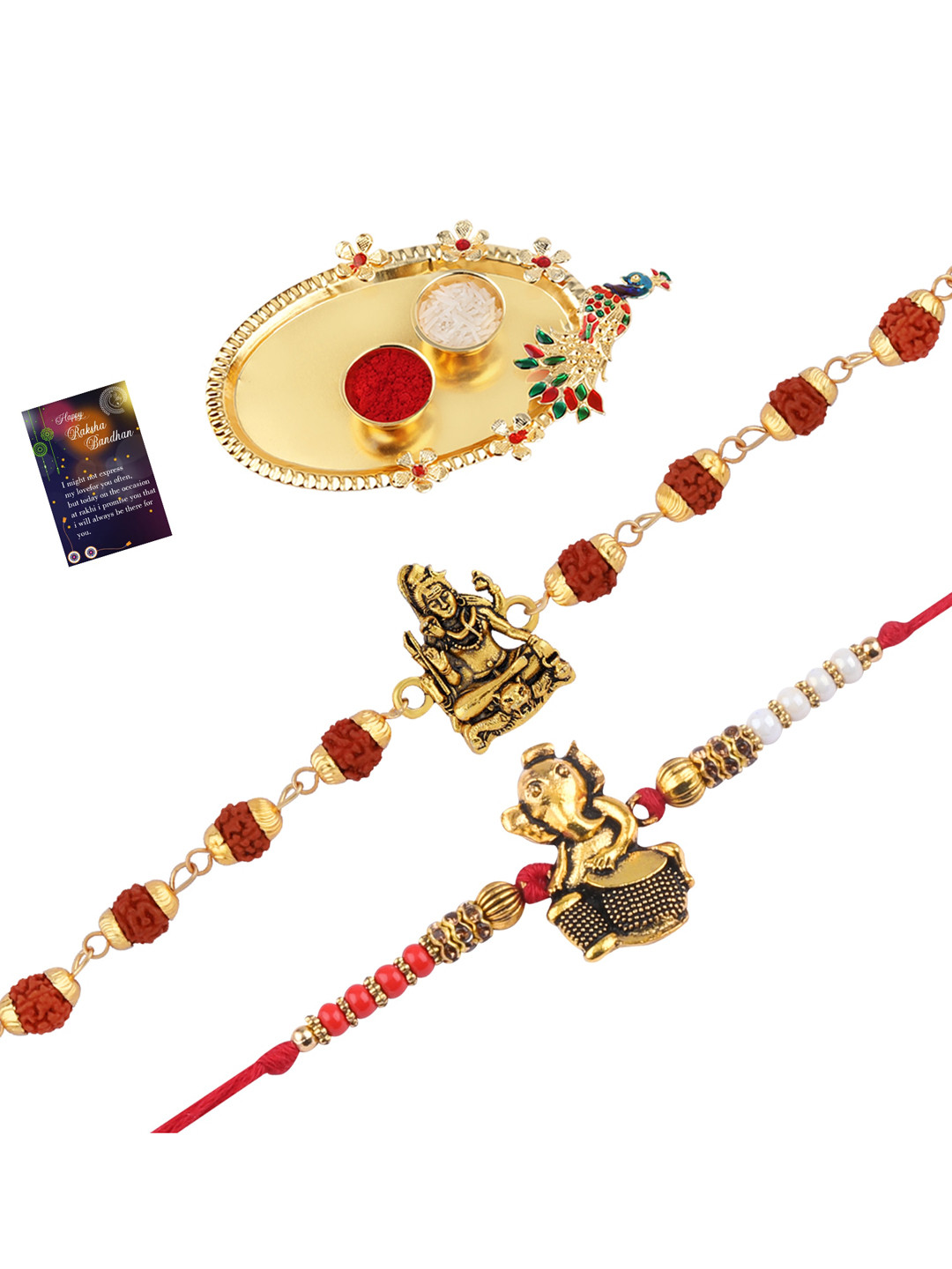 

Silver Shine Set of 2 Red & Gold-Toned Rakhi with Roli Chawal Pooja Thali & Greeting Card