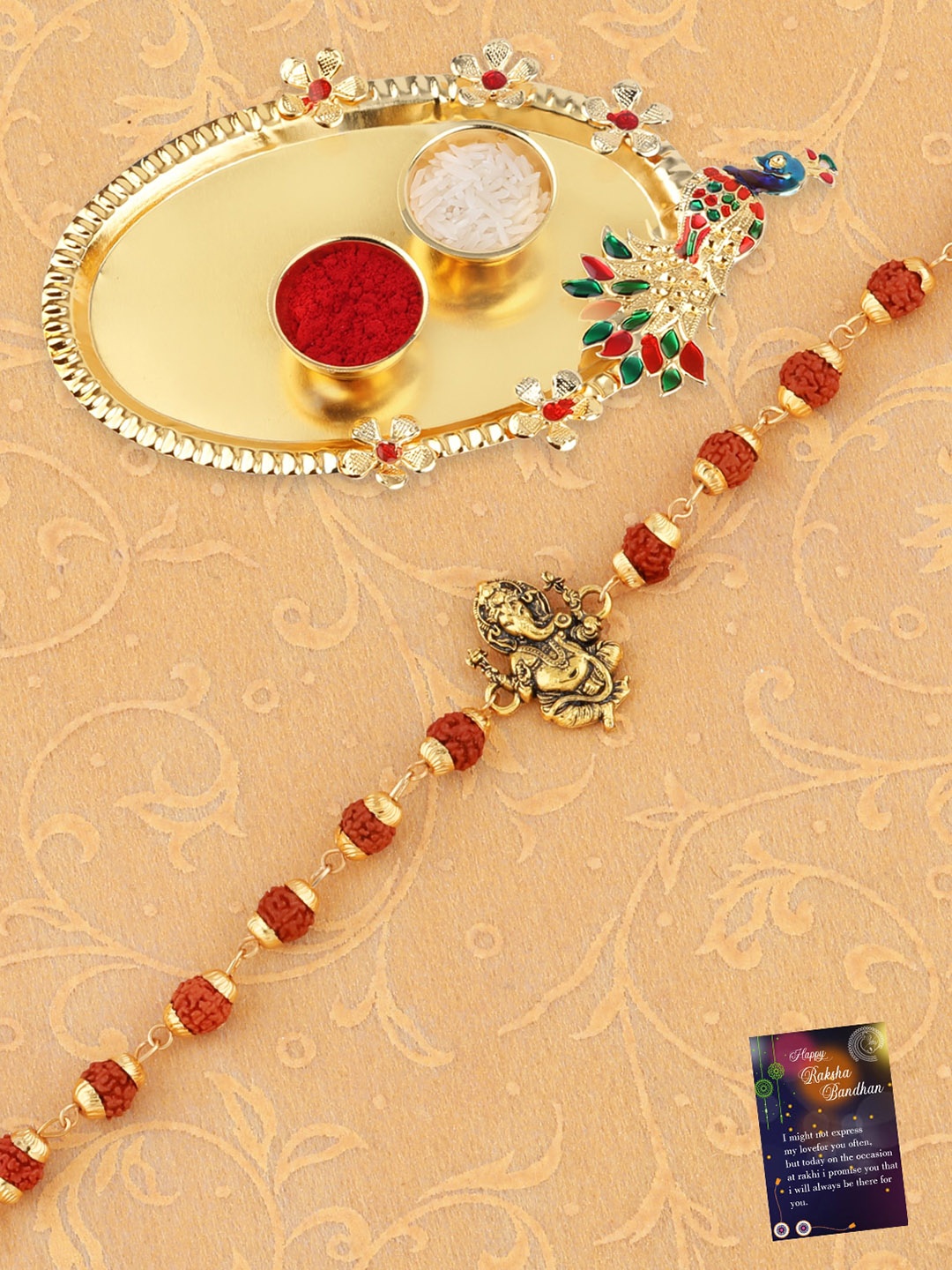 

Silver Shine Men Rudraksha Rakhi With Roli Chawal & Greeting Card, Gold