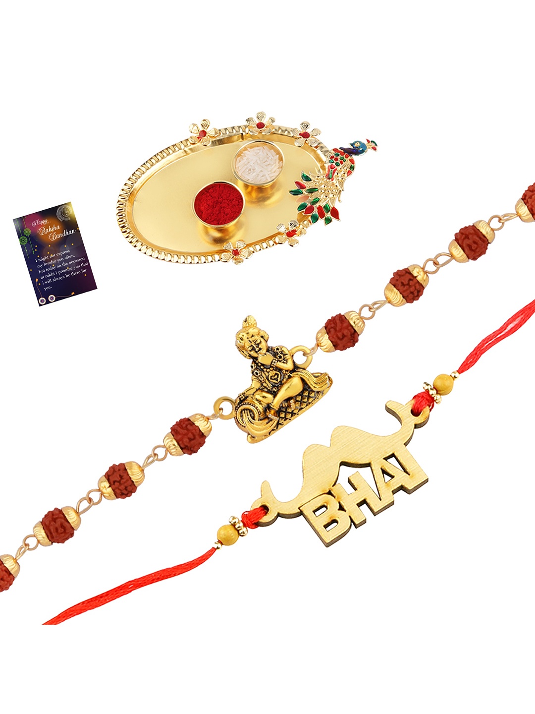 

Silver Shine Red & Gold-Toned 2 Rakhi With Pooja Thali Roli Chawal & Greeting Card