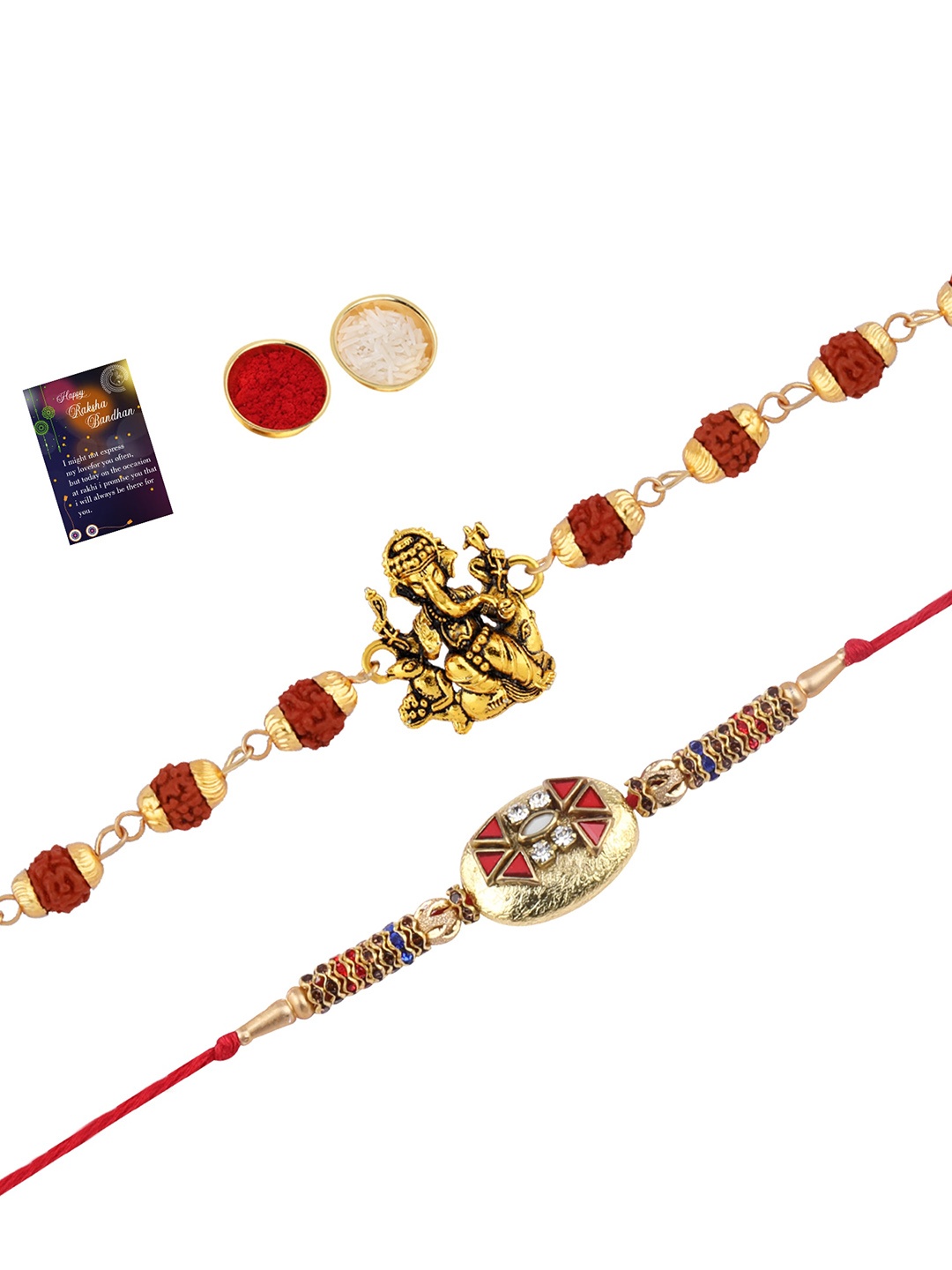 

Silver Shine Men Set Of 2 Stone Studded & Beaded Thread Rakhis, Gold
