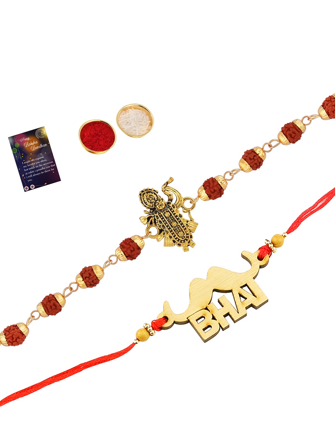 

Silver Shine Unisex Set Of 2 Rakhi with Roli Chawal and Greeting Card, Gold