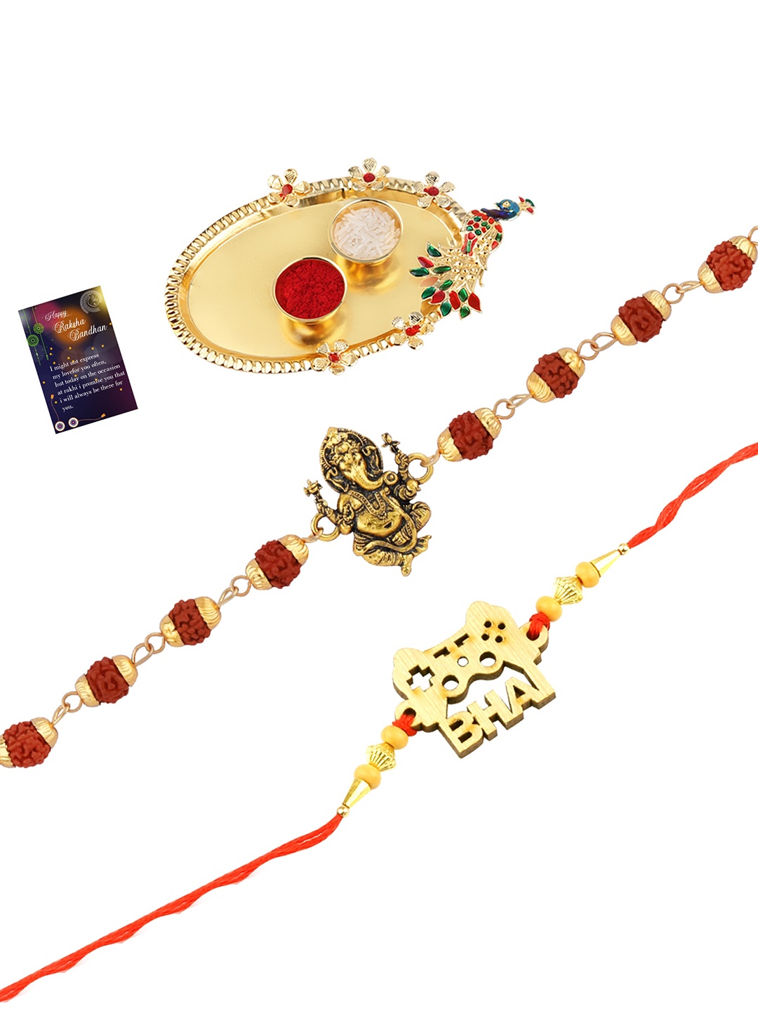 

Silver Shine Set of 2 Rakhis With Roli Chawal Pooja Thali, Gold