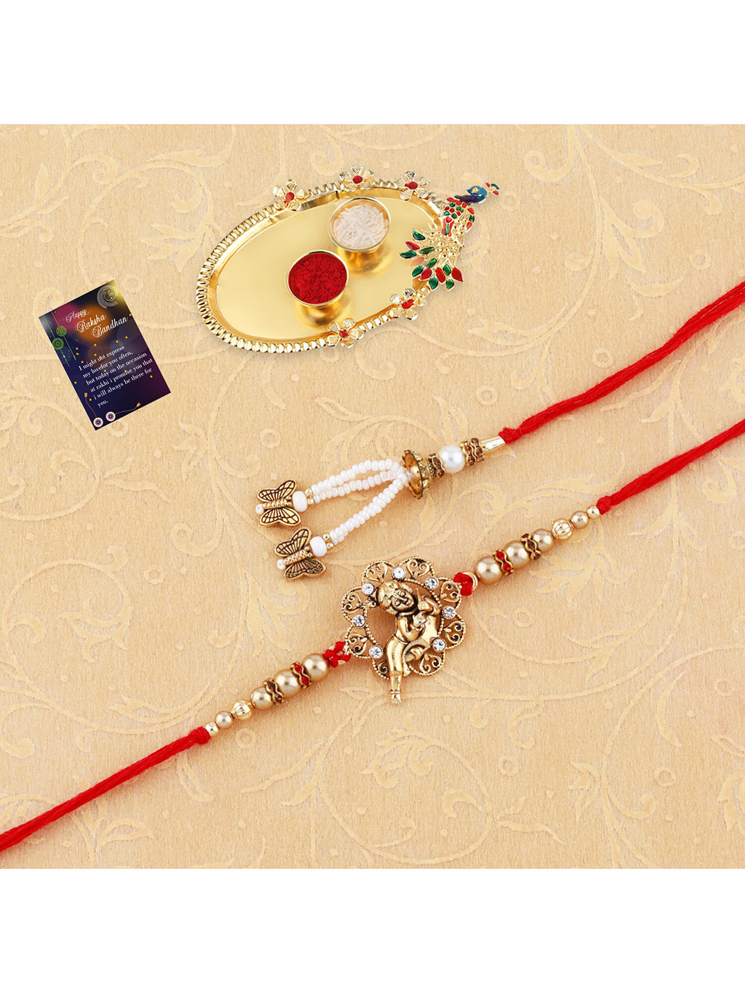 

Silver Shine Set Of 2 Bhaiya Bhabhi Rakhi With Pooja Thali Roli Chawal And Greeting Card, Gold