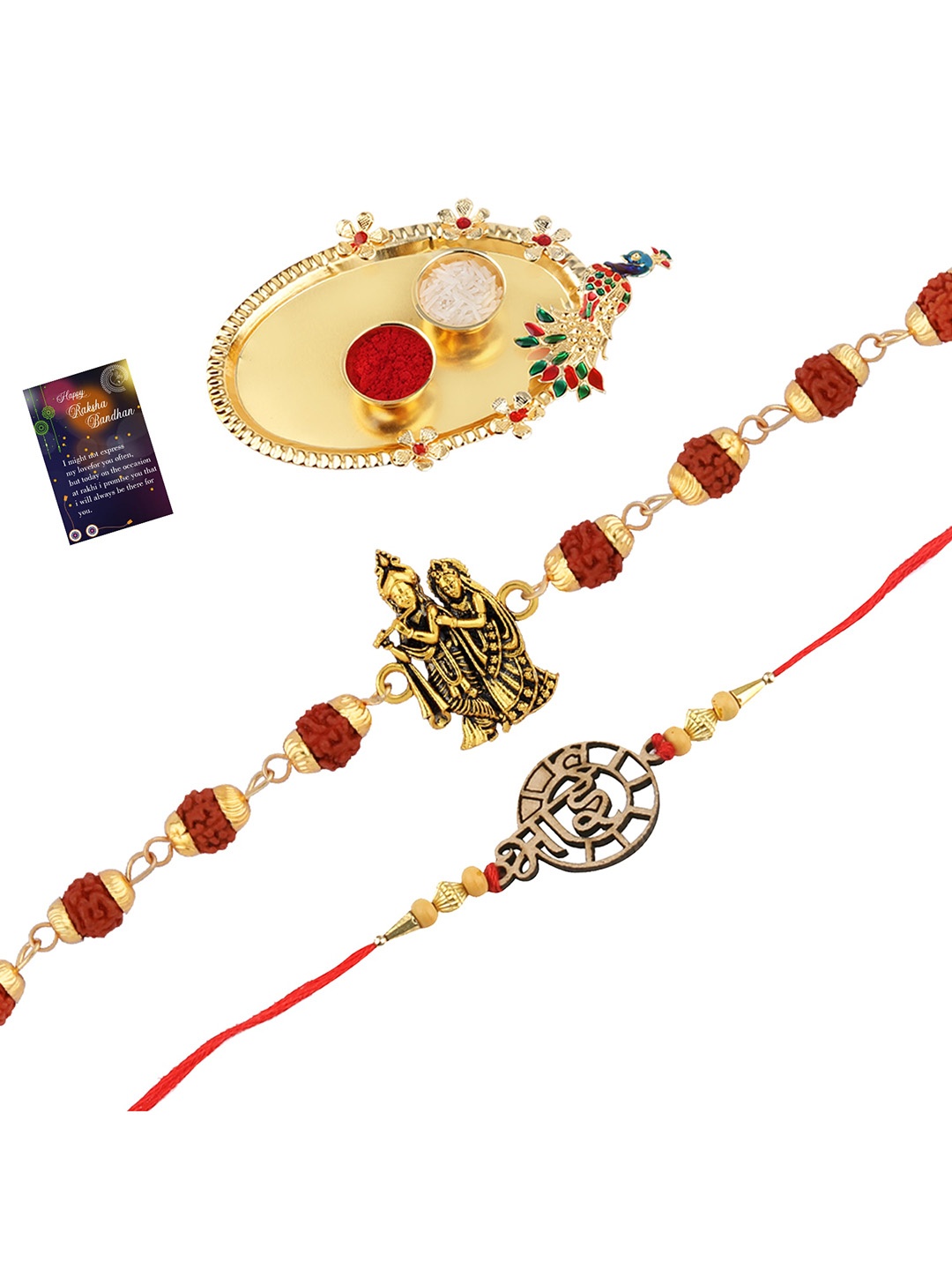 

Silver Shine Unisex Set Of 2 Rakhi With Pooja Thali Roli Chawal & Greeting Card, Gold