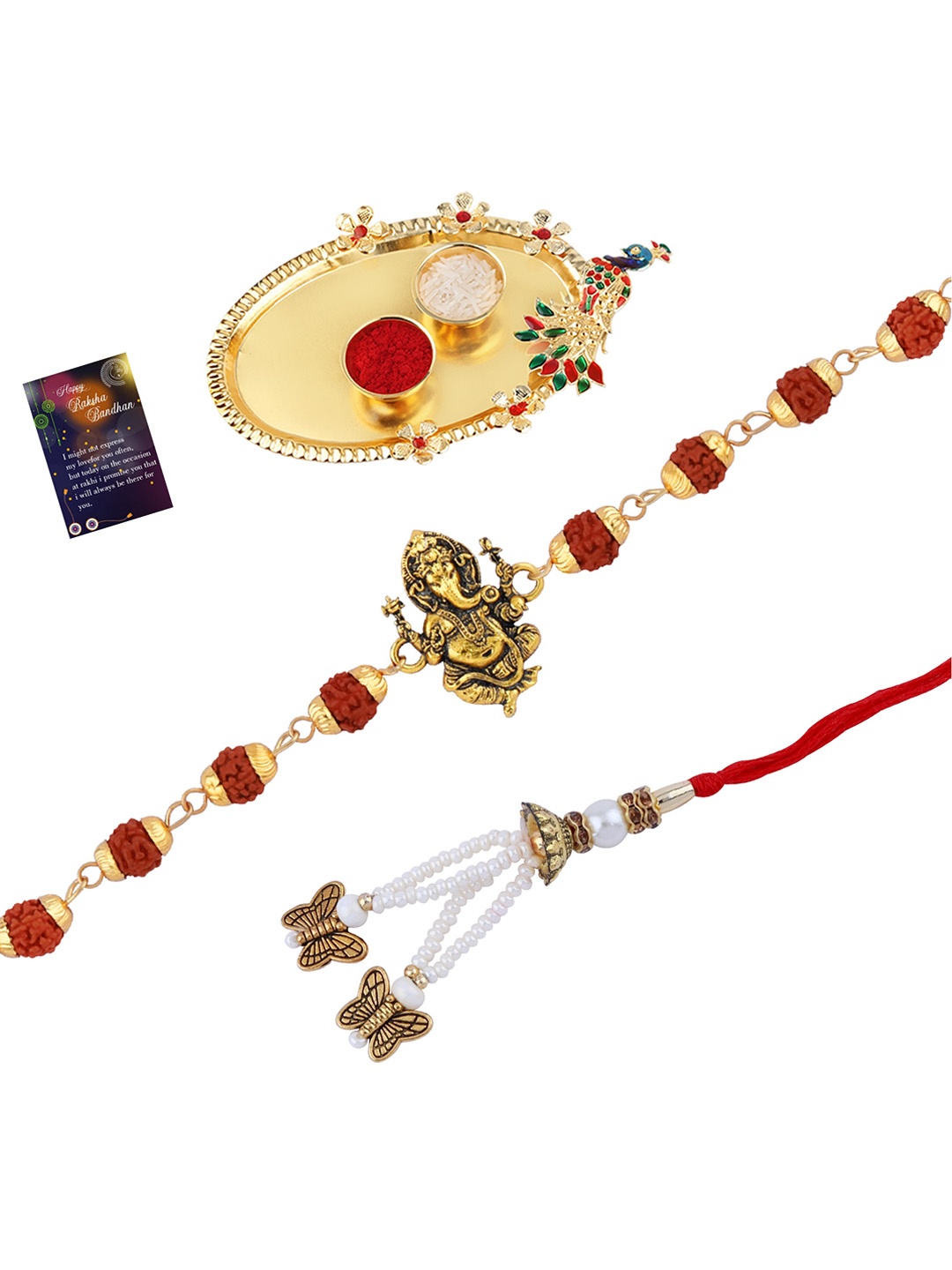 

Silver Shine Unisex Set Of 2 Rakhi With Pooja Thali Roli Chawal And Greeting Card, Gold