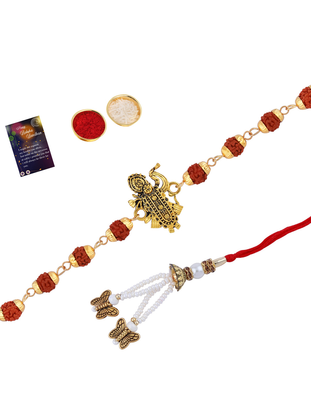 

Silver Shine Unisex Set Of 2 Rakhi With Roli Chawal And Greeting Card, Gold