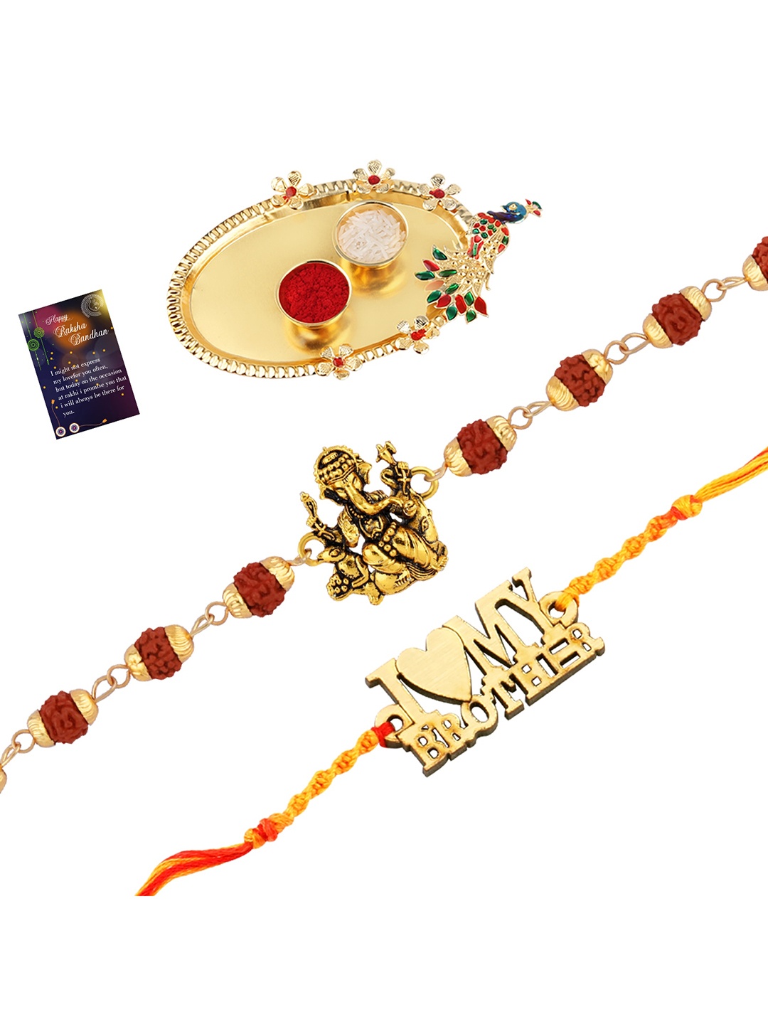 

Silver Shine Unisex Set Of 2 Rakhi With Pooja Thali Roli Chawal And Greeting Card, Gold