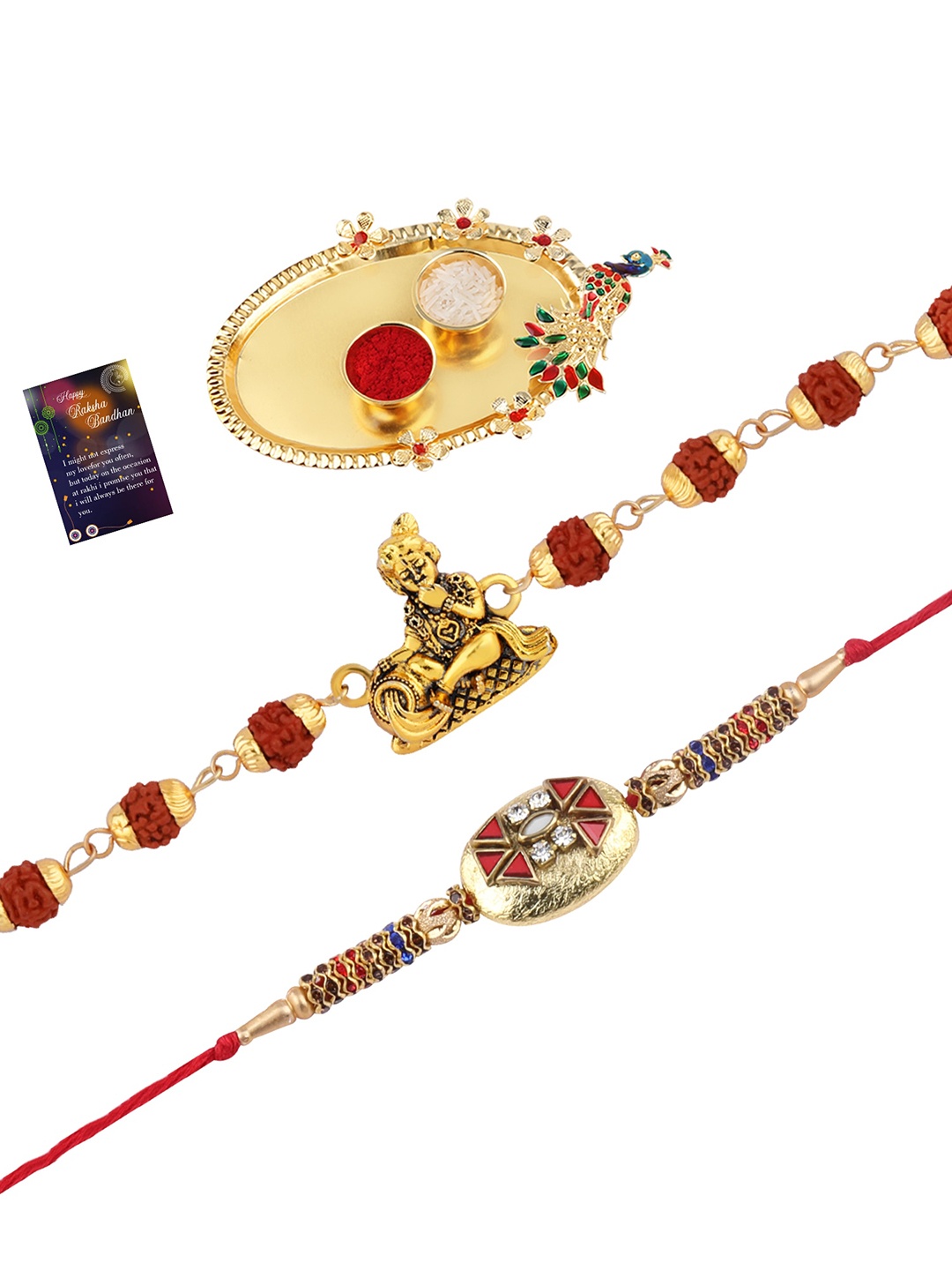 

Silver Shine Unisex Set Of 2 Rakhi With Pooja Thali Roli Chawal And Greeting Card, Gold