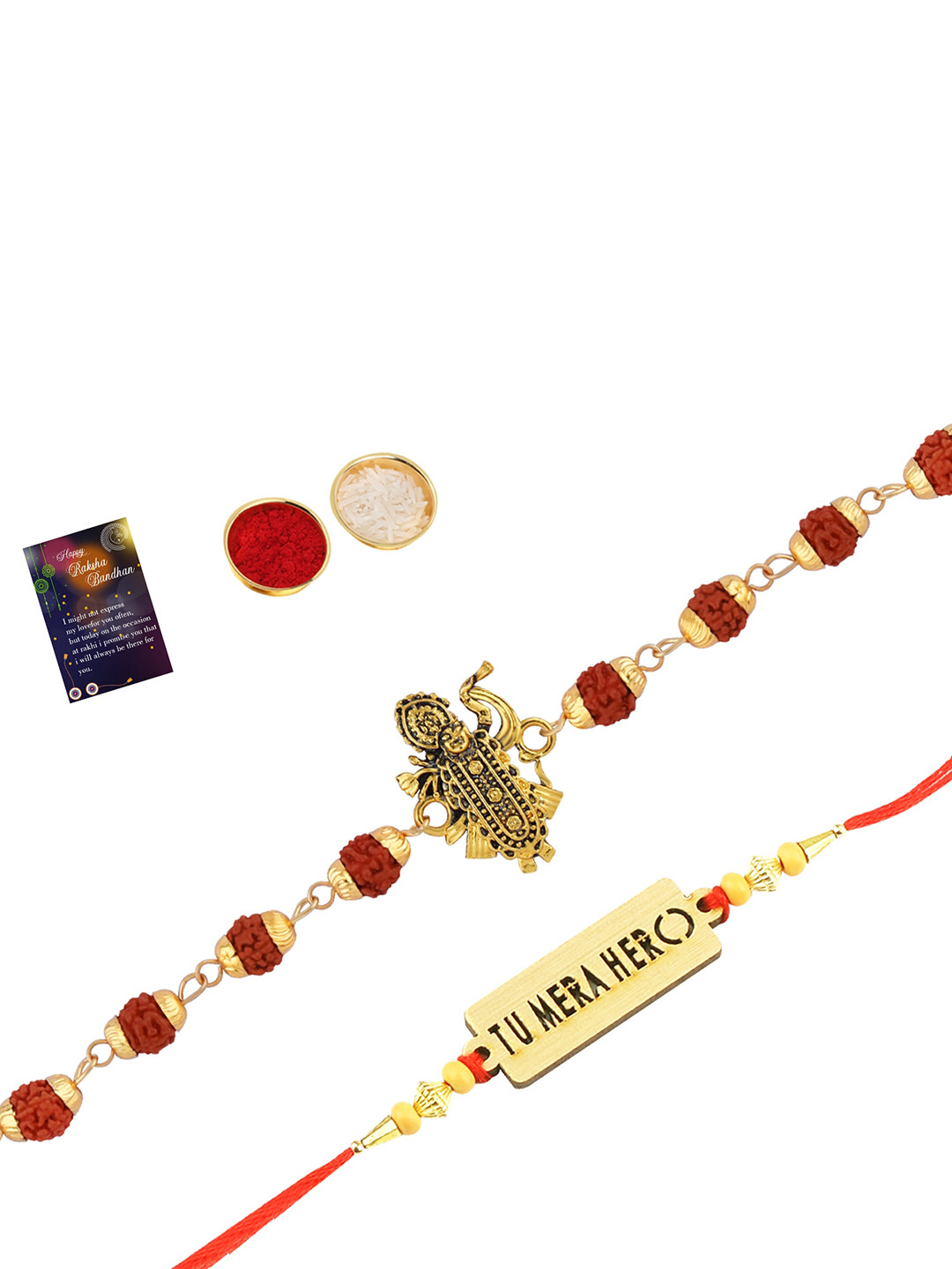 

Silver Shine Unisex Set Of 2 Rakhi With Roli Chawal And Greeting Card, Gold