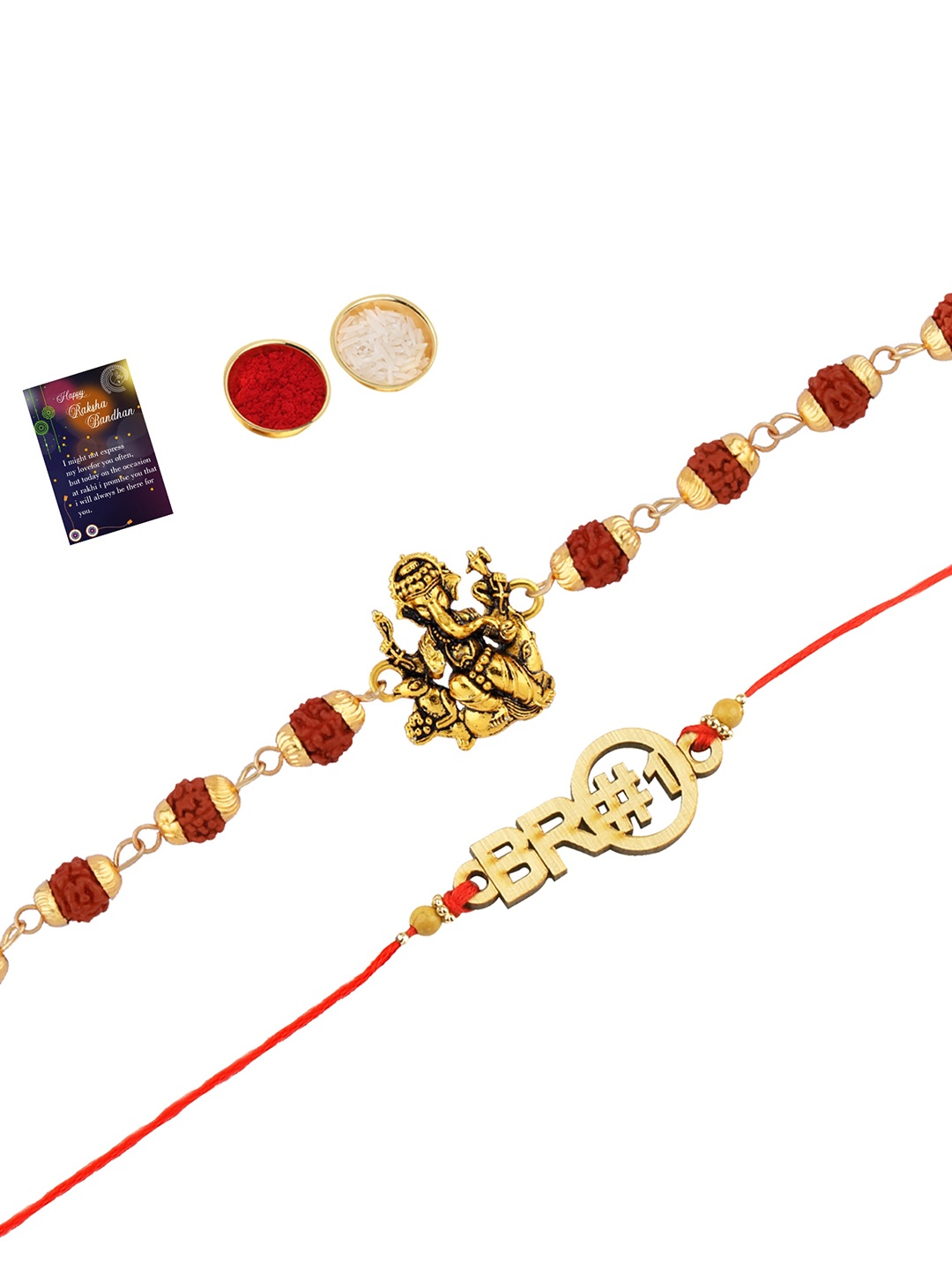 

Silver Shine Unisex Set Of 2 Beaded Rakhi With Pooja Thali Roli Chawal And Greeting Card, Gold