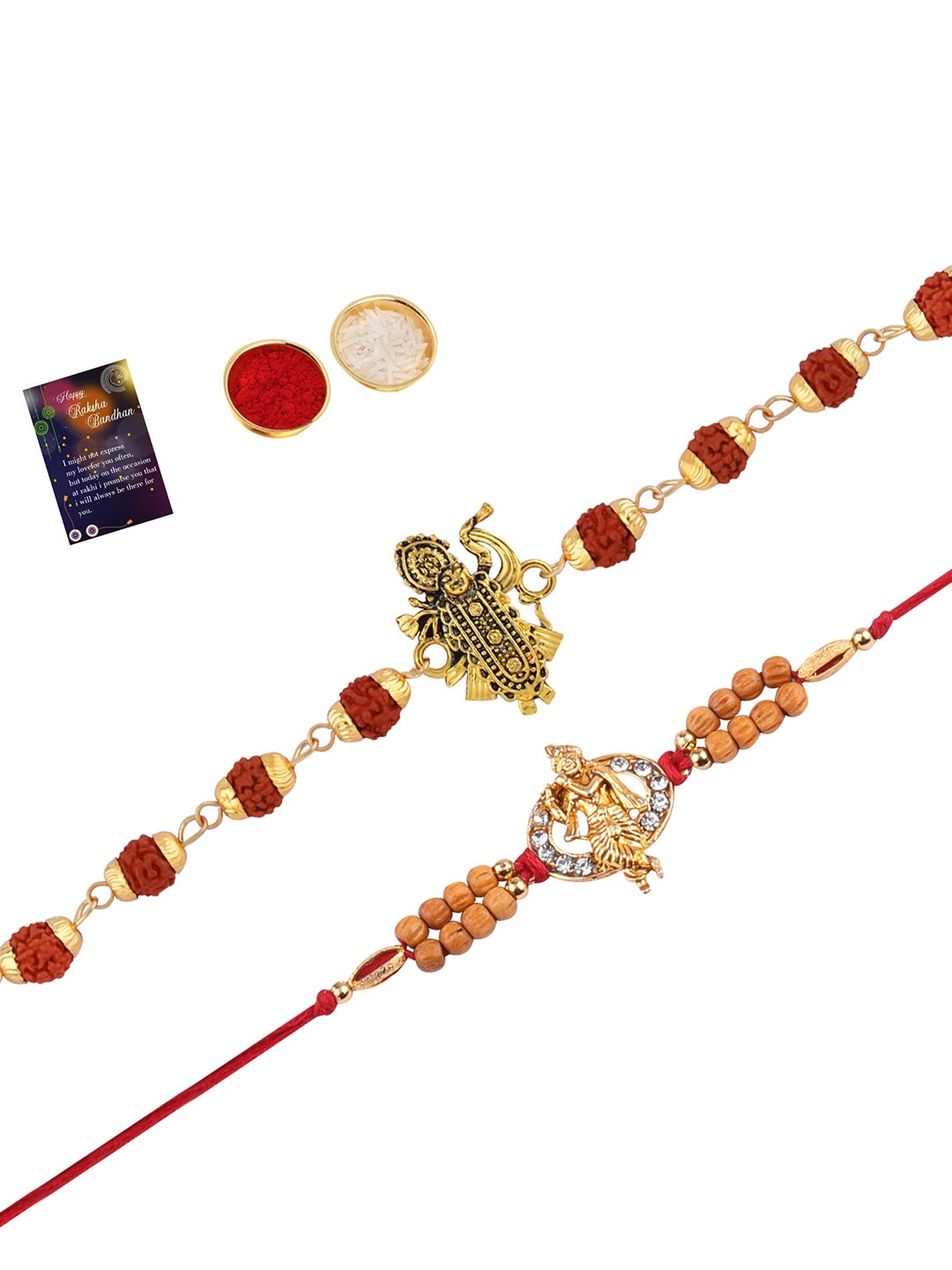 

Silver Shine Unisex Set Of 2 Rakhi With Roli Chawal And Greeting Card, Gold